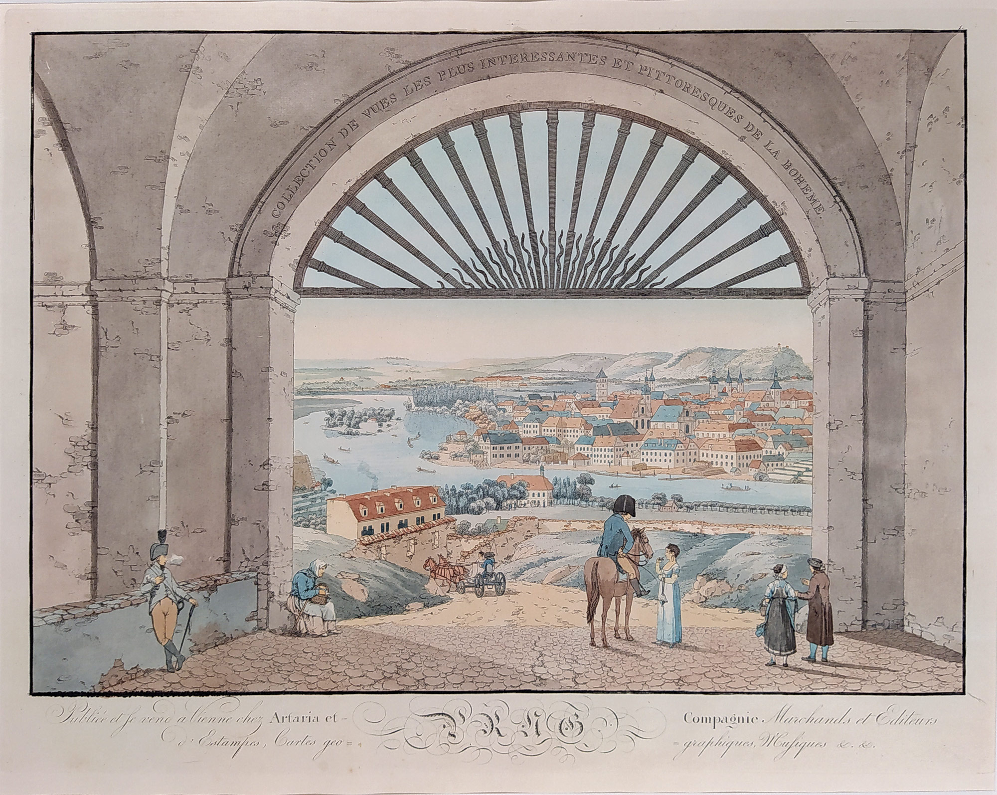 Praha – Lorenz Janscha, Karel Postl, staře kolorovaný lept s akvatintou, ca 1810