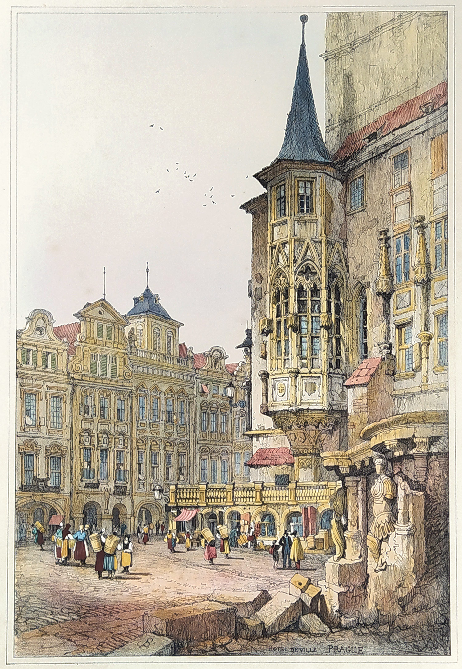 Praha – Staroměstská radnice, Prout Samuel, staře kolorovaná původní litografie, 1833