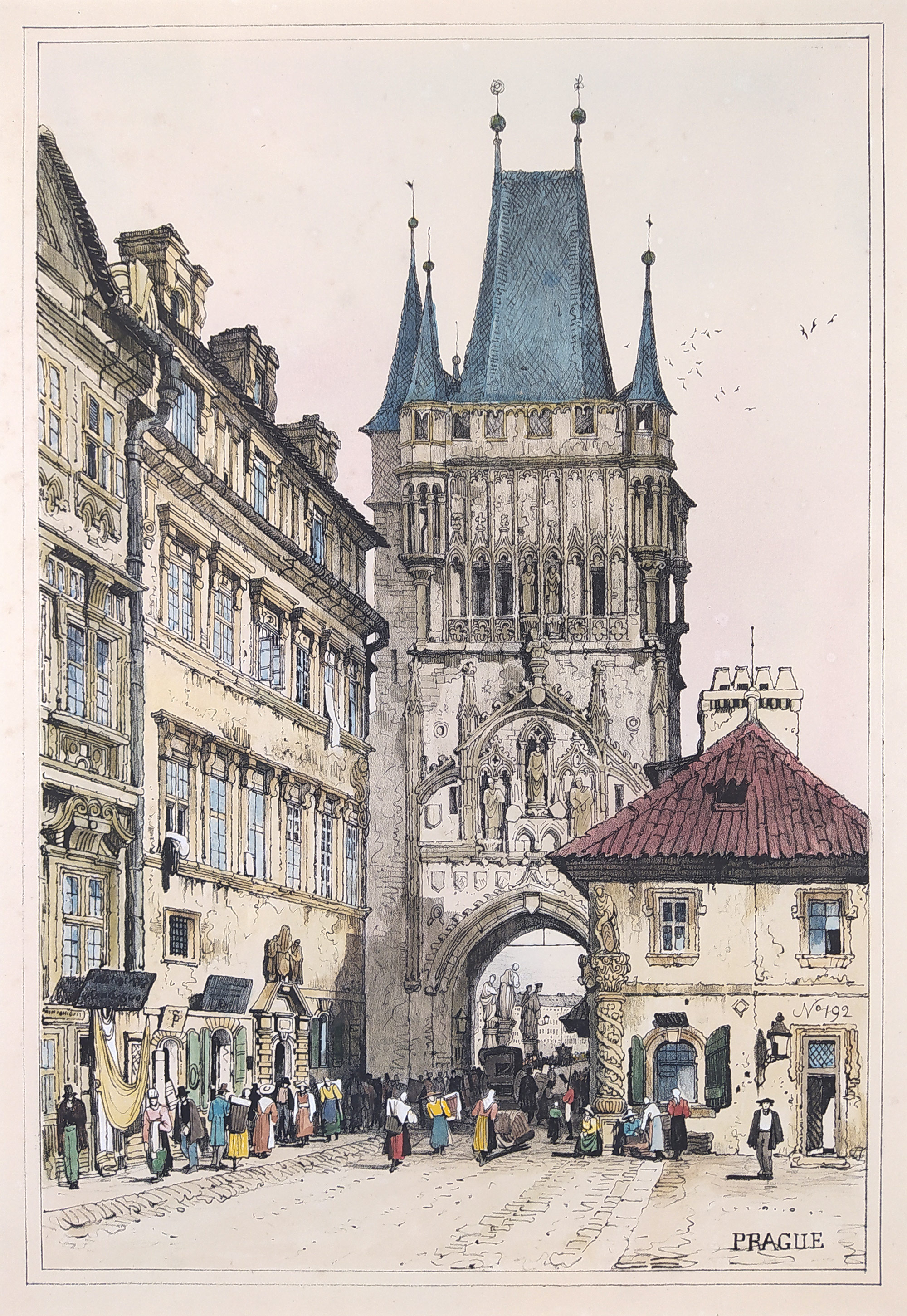 Praha, Staroměstská mostecká věž – Prout Samuel, staře kolorovaná původní litografie, 1833