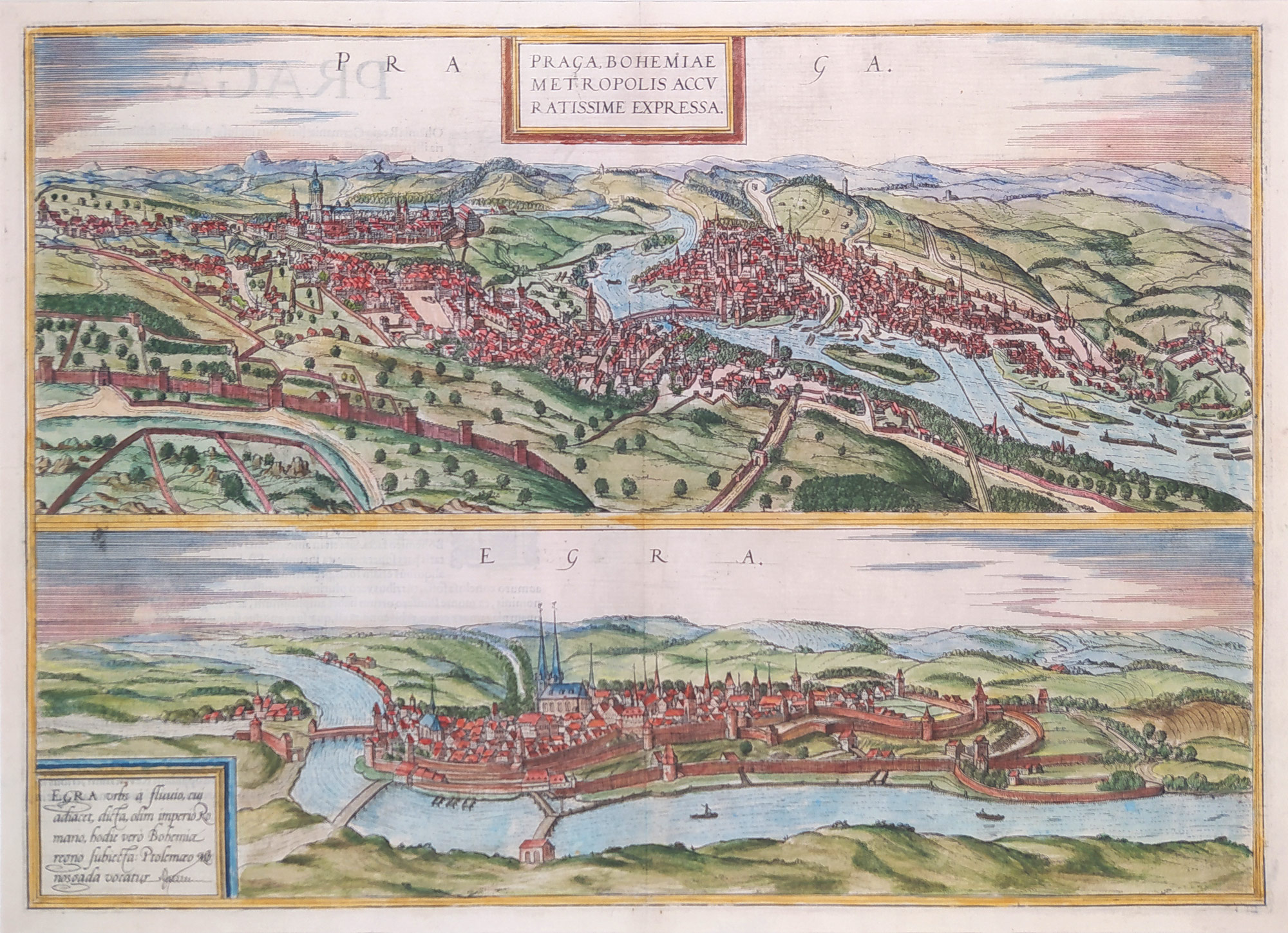 Praha a Cheb – Georg Braun & Franz Hogenberg, staře kolorovaný mědiryt, 1574