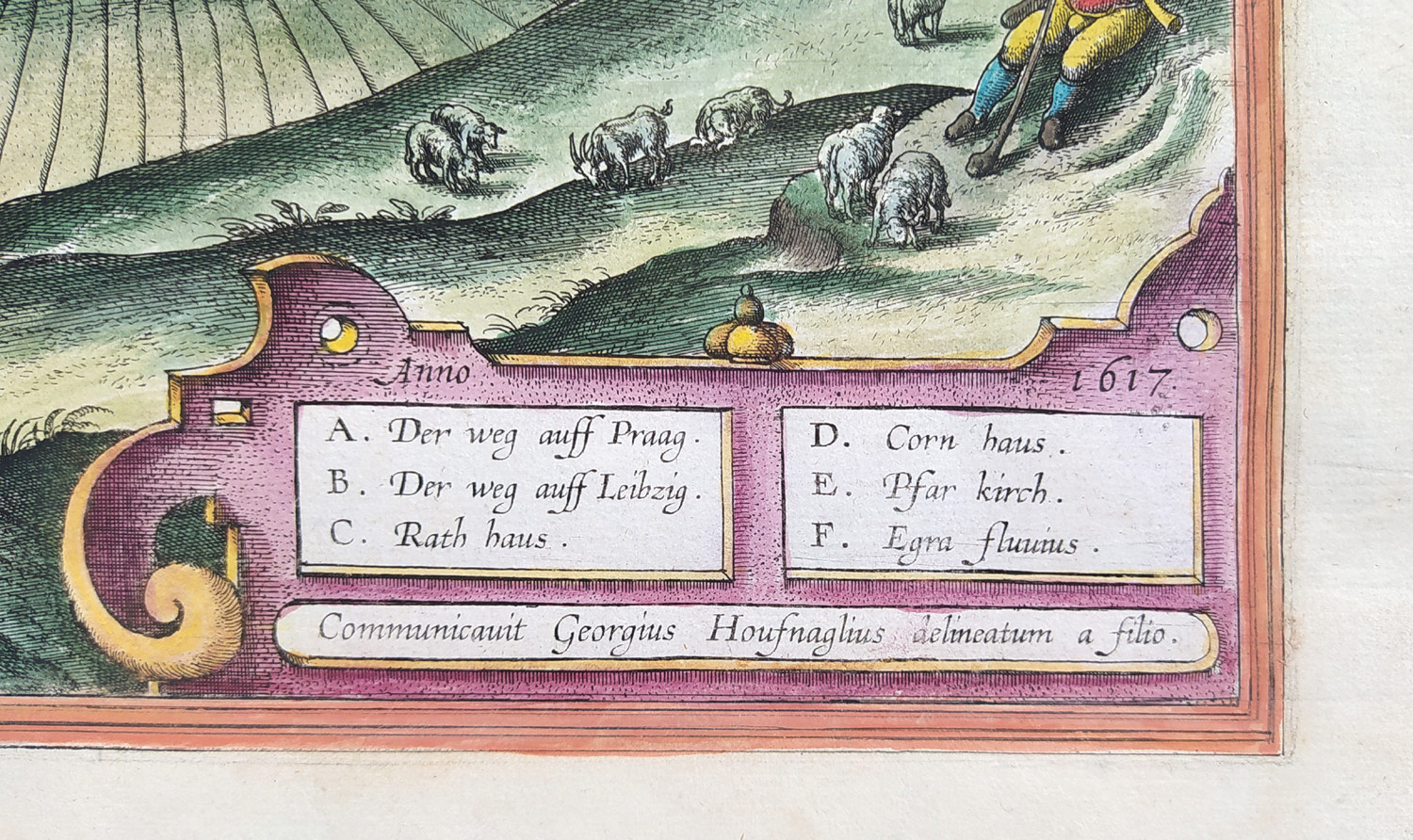 Louny – Georg Braun & Franz Hogenberg, staře kolorovaný mědiryt, 1574