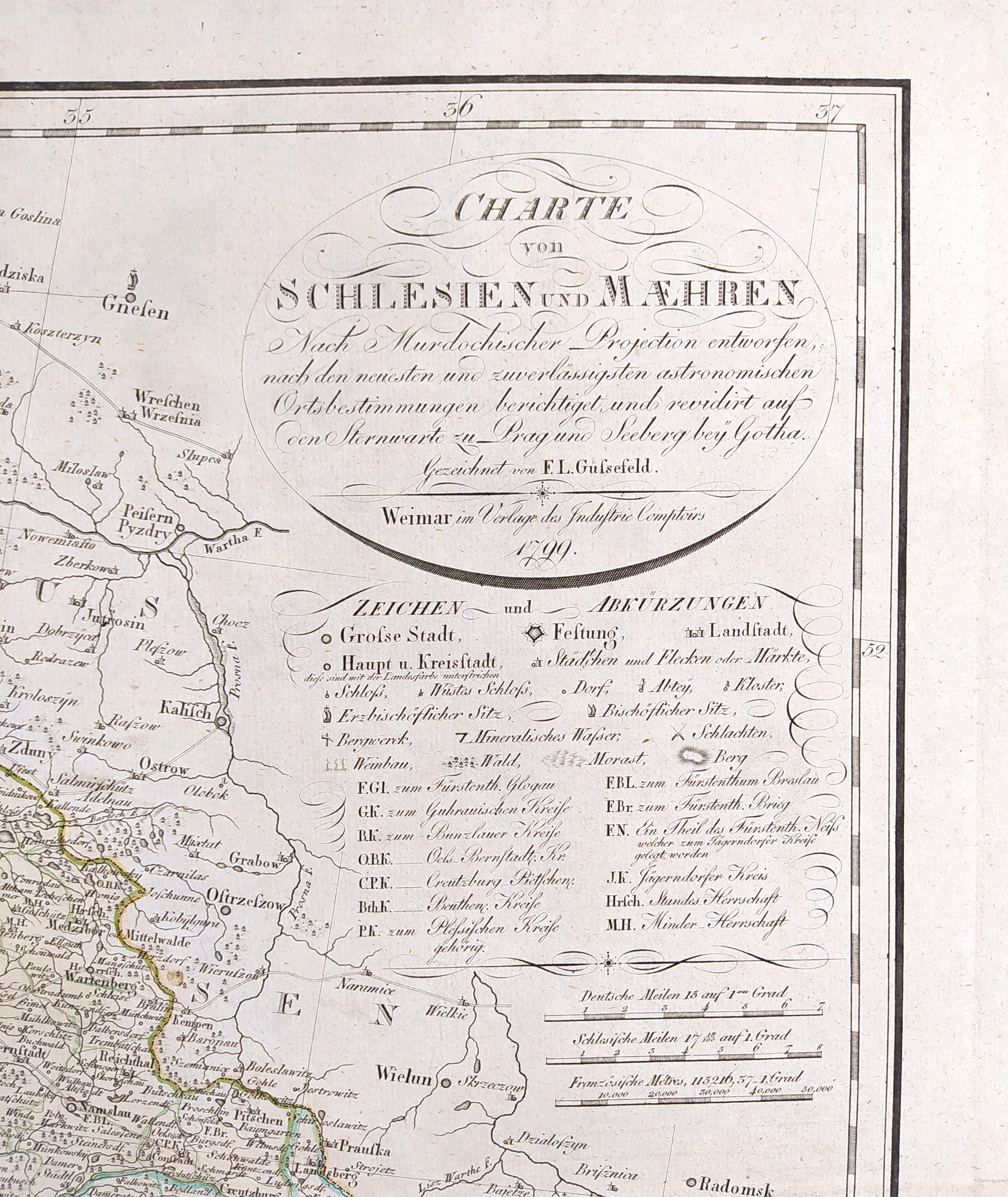 Morava a Slezsko – Charte von Schlesien und Maehren, F. L. Güssefeld, staře kolorovaný původní mědiryt, 1799