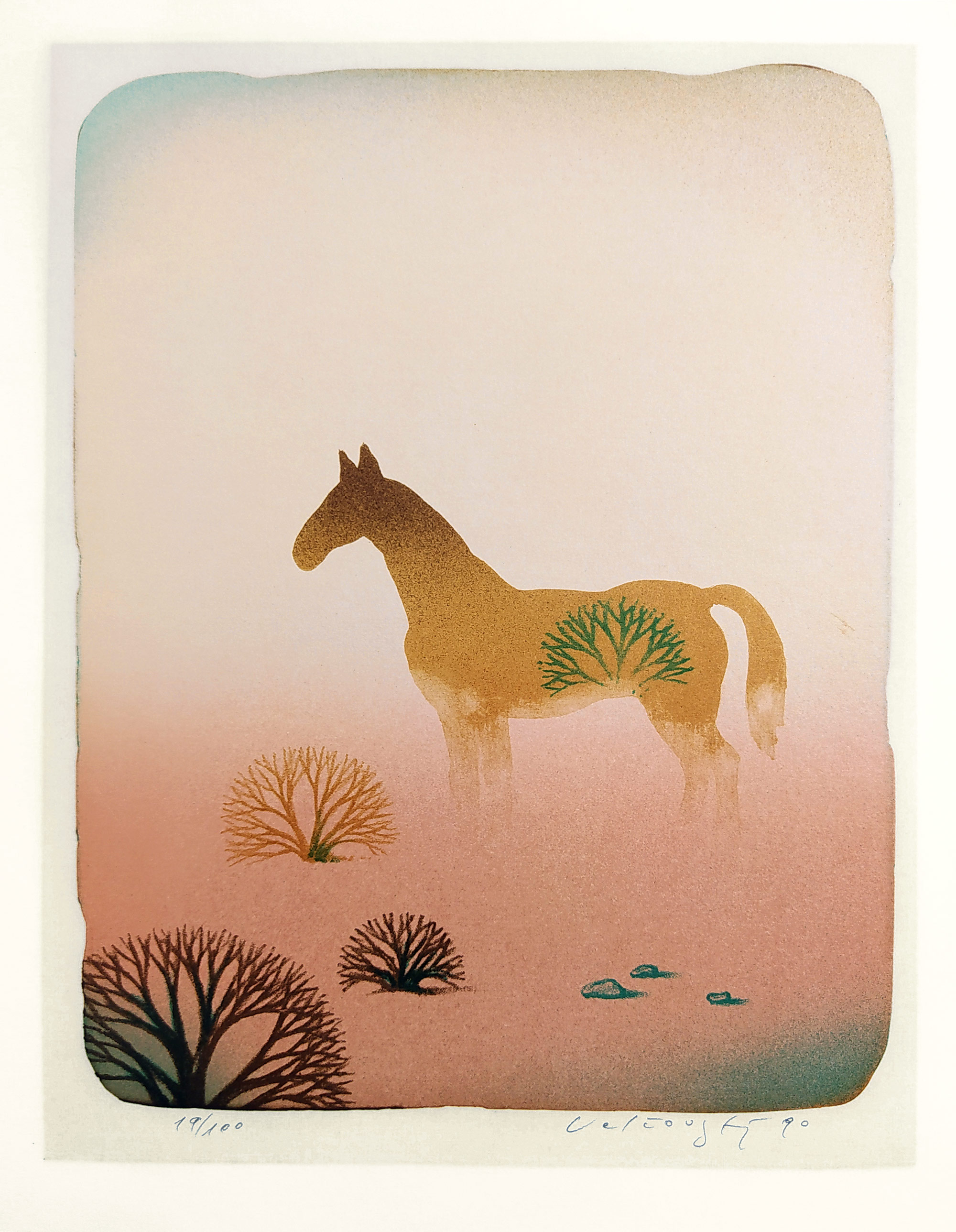 Velčovský Josef – Kůň v surrealistické krajině, původní barevná litografie, 1990