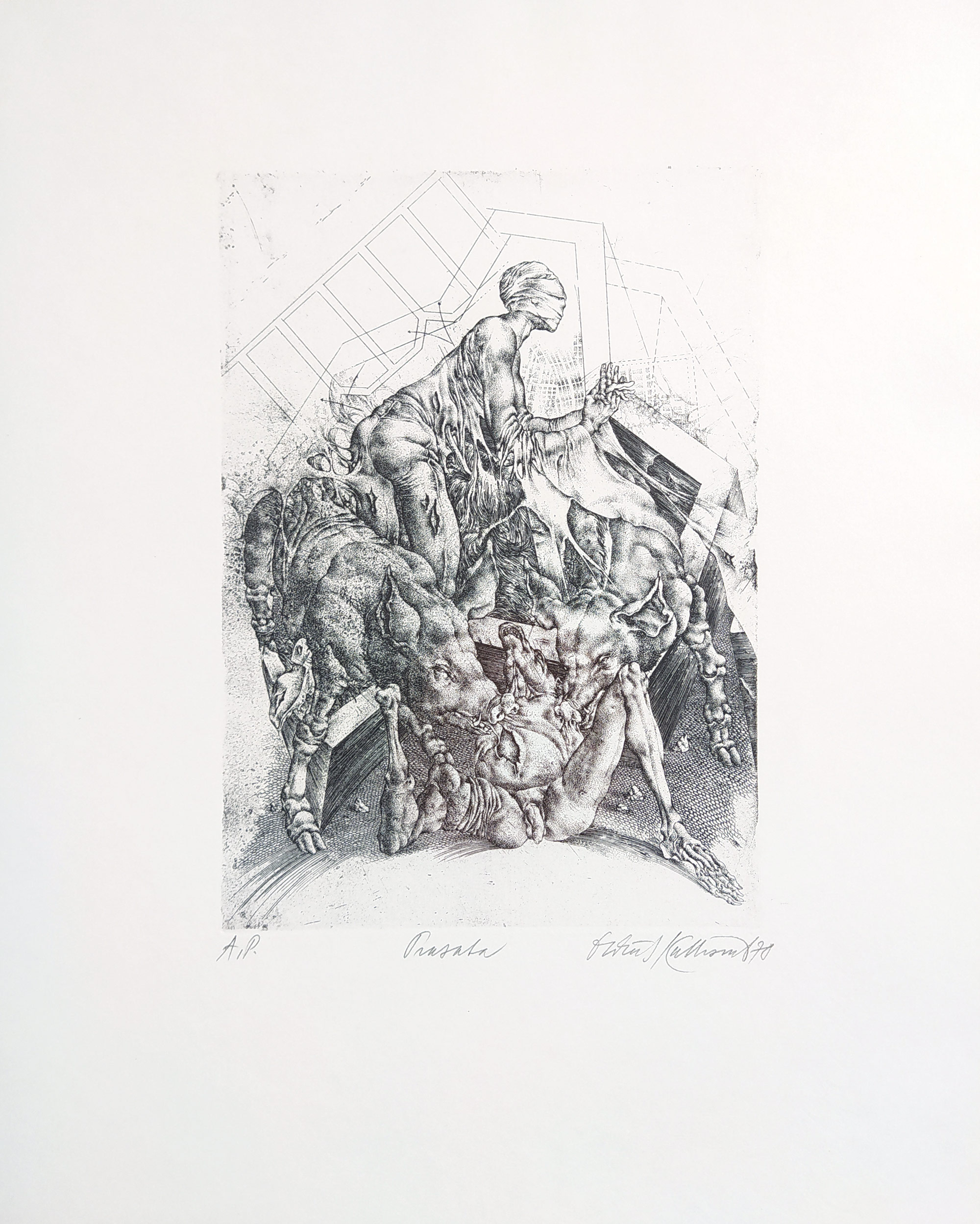 Kulhánek Oldřich – Prasata, z cyklu Bestiárium, původní barevný lept, autorský tisk, 1978
