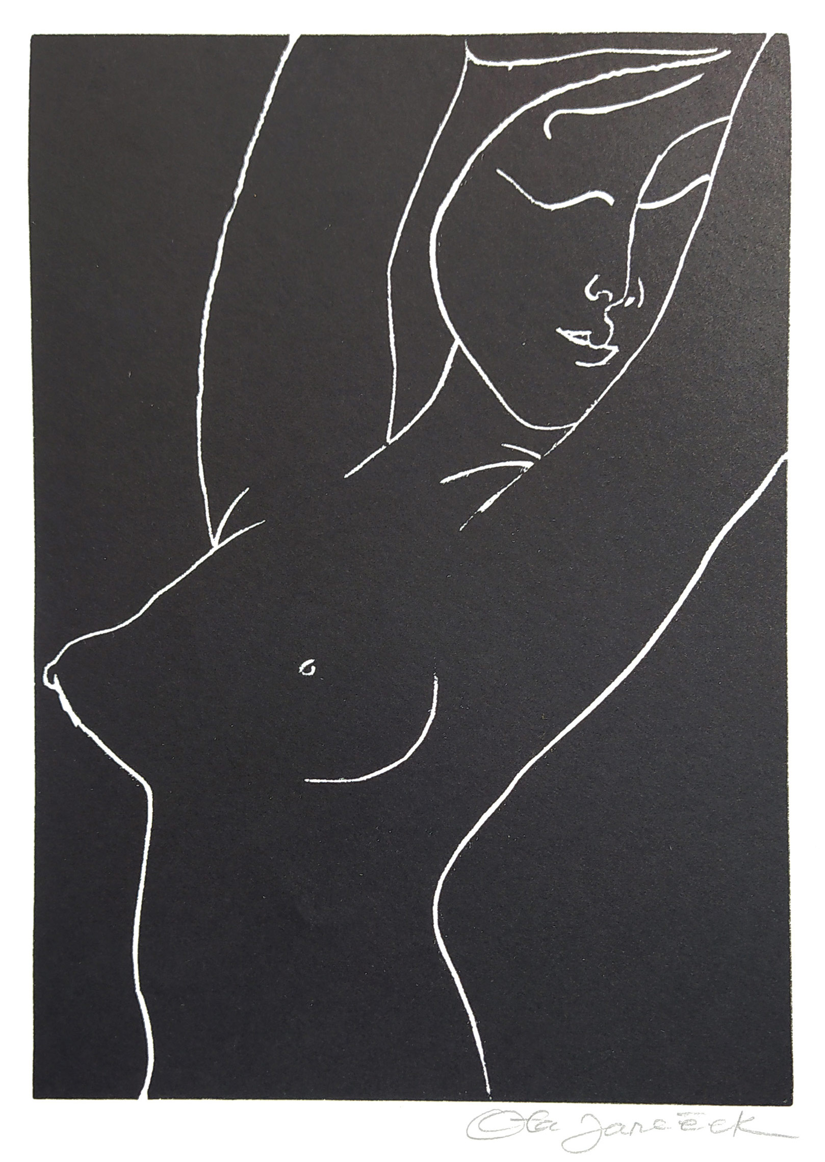 Janeček Ota – Dívčí akt, původní linoryt, nedatováno