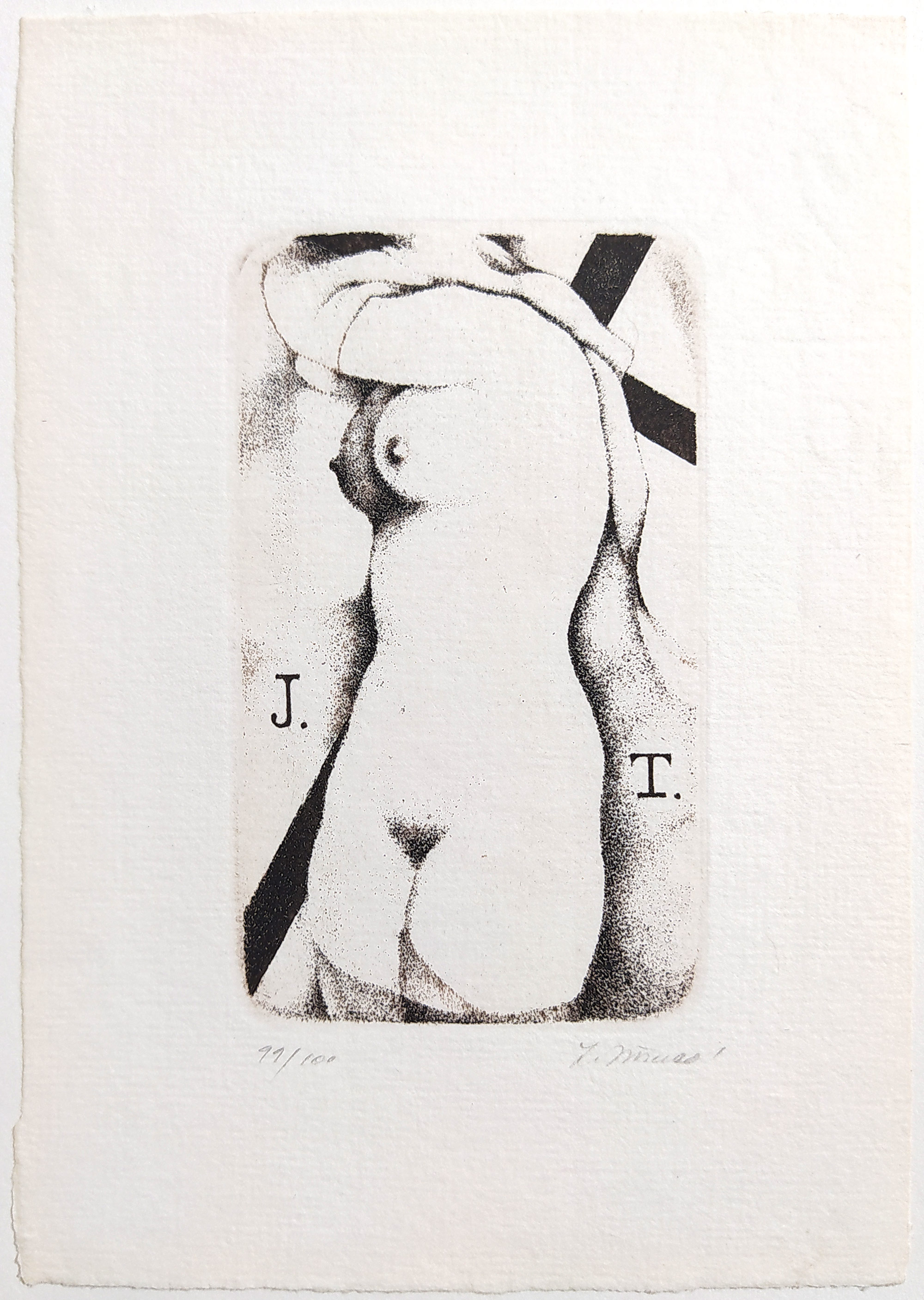 Jiřincová Ludmila – Ex libris J. T., původní lept, číslováno 91/100, ca 1960