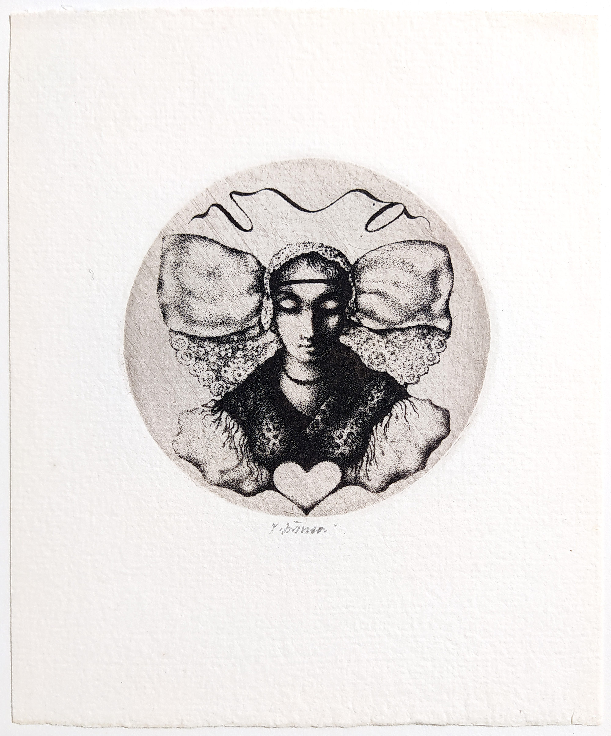 Jiřincová Ludmila – Dívka v plzeňském kroji, Ex libris V. O. (Vlasta Opatrná), původní zrnkový lept, 1975