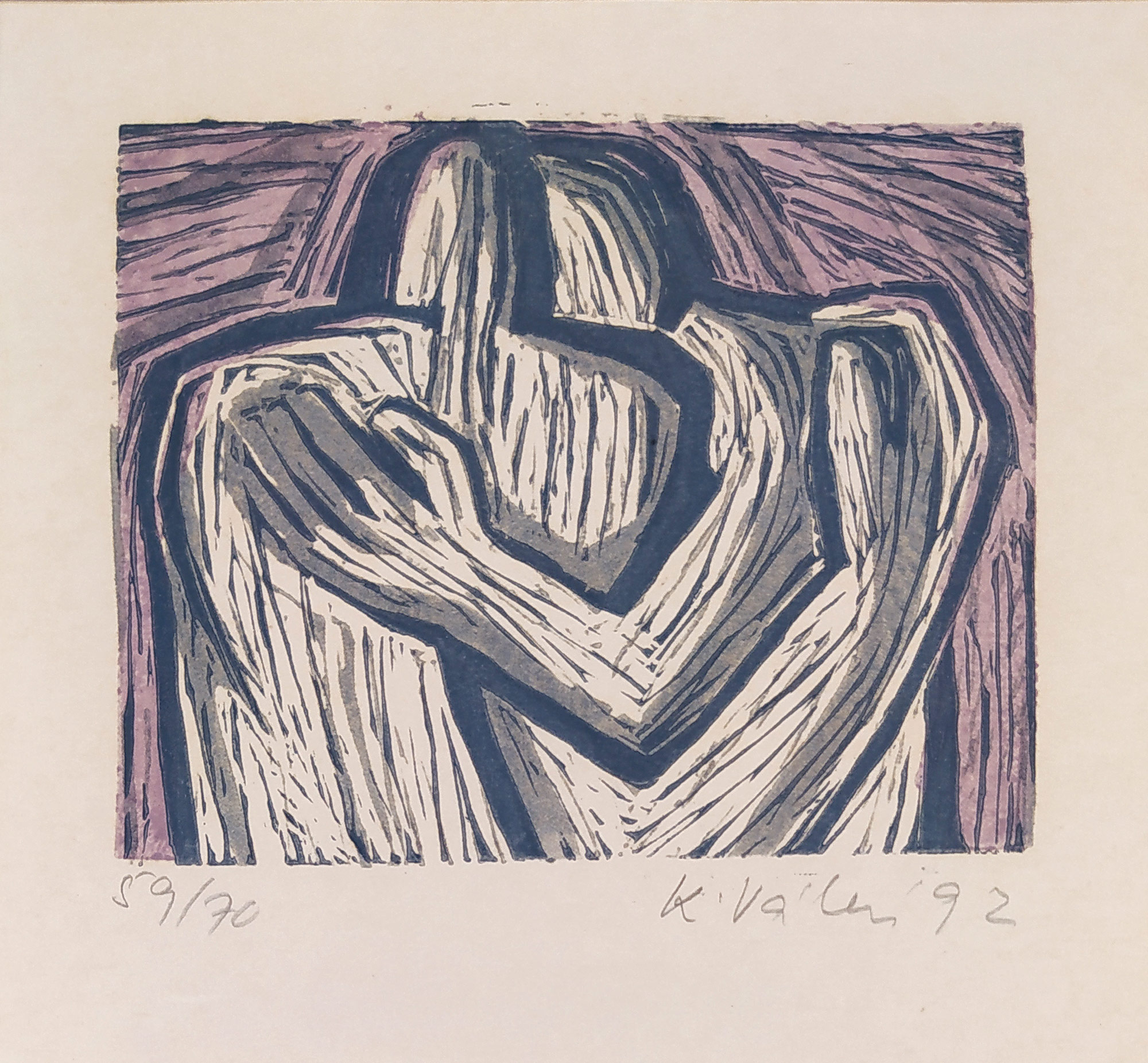 Válová Květa – Obejmutí, původní barevný dřevoryt, číslováno 59/70, 1992