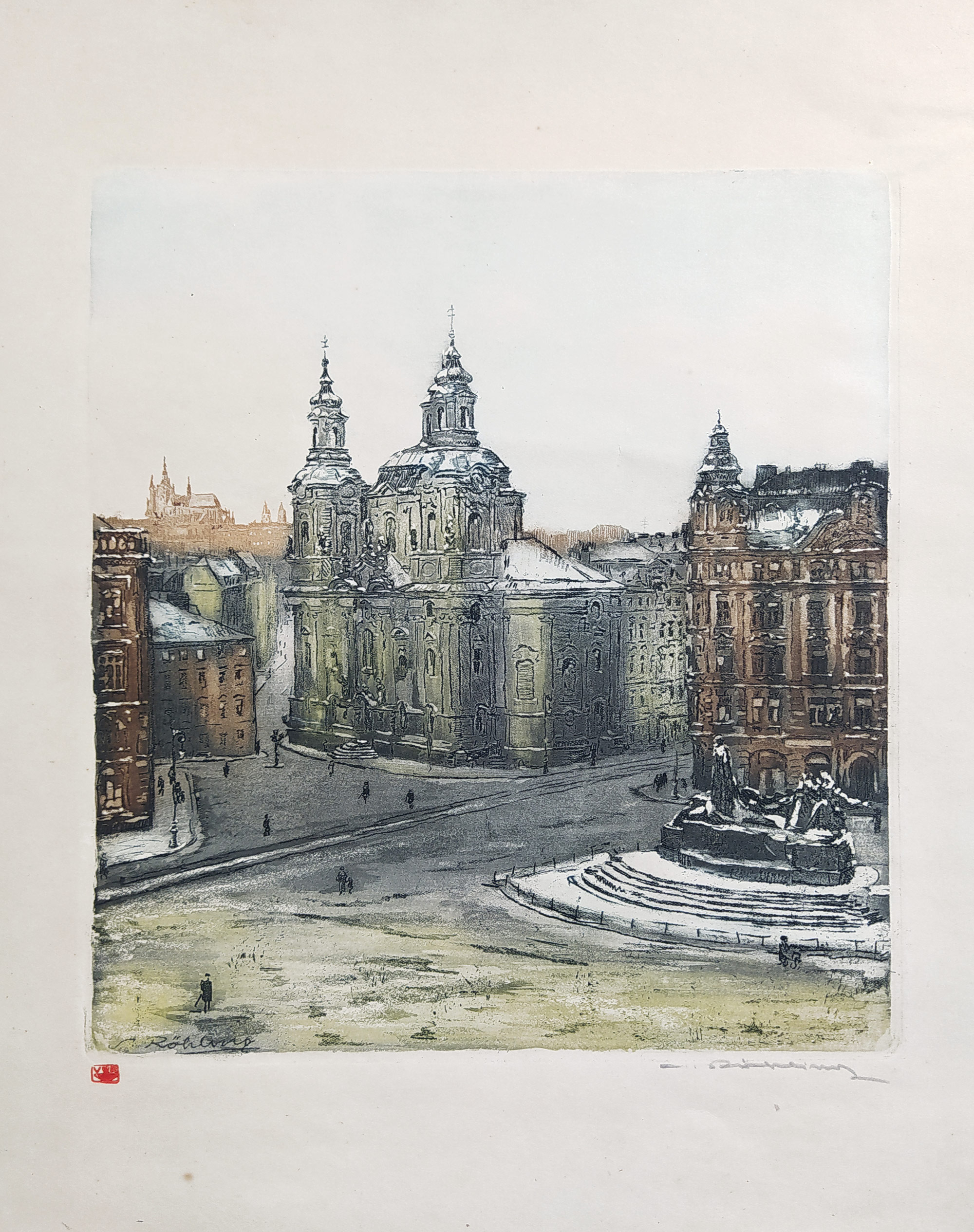 Röhling Vladislav – Praha, Staroměstské náměstí, barevný lept s akvatintou, ca 1925