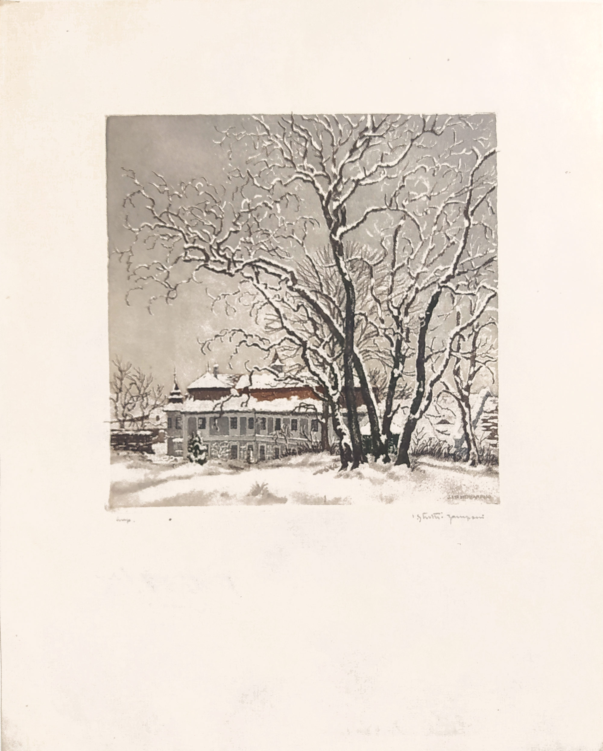 Stretti-Zamponi Jaromír – Zámek Molitorov v zimě, barevná akvatinta, autorský tisk, 1910–1920