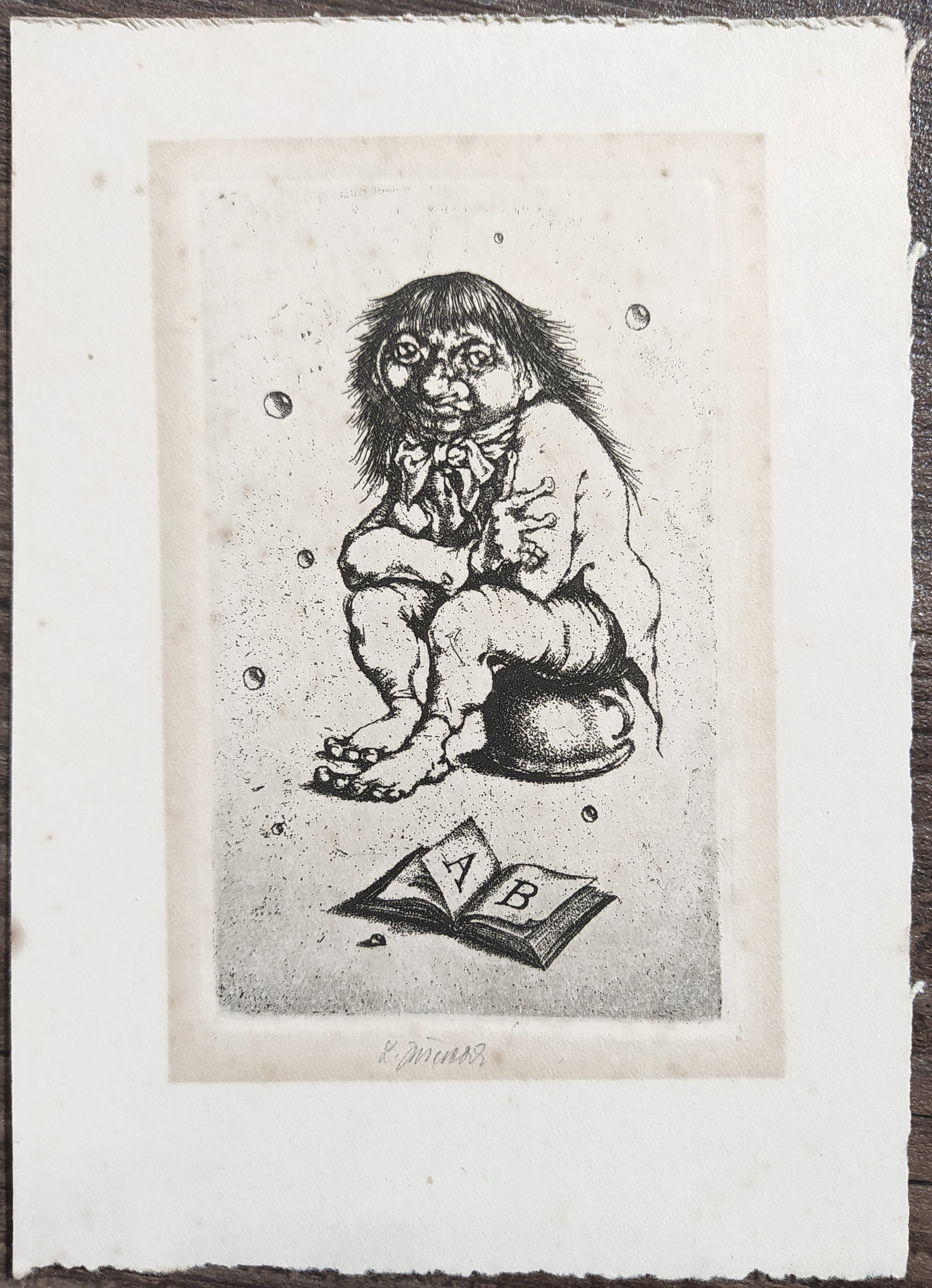 Jiřincová Ludmila – Ex libris A.B., Vodník, signovaný původní lept, ca 1970