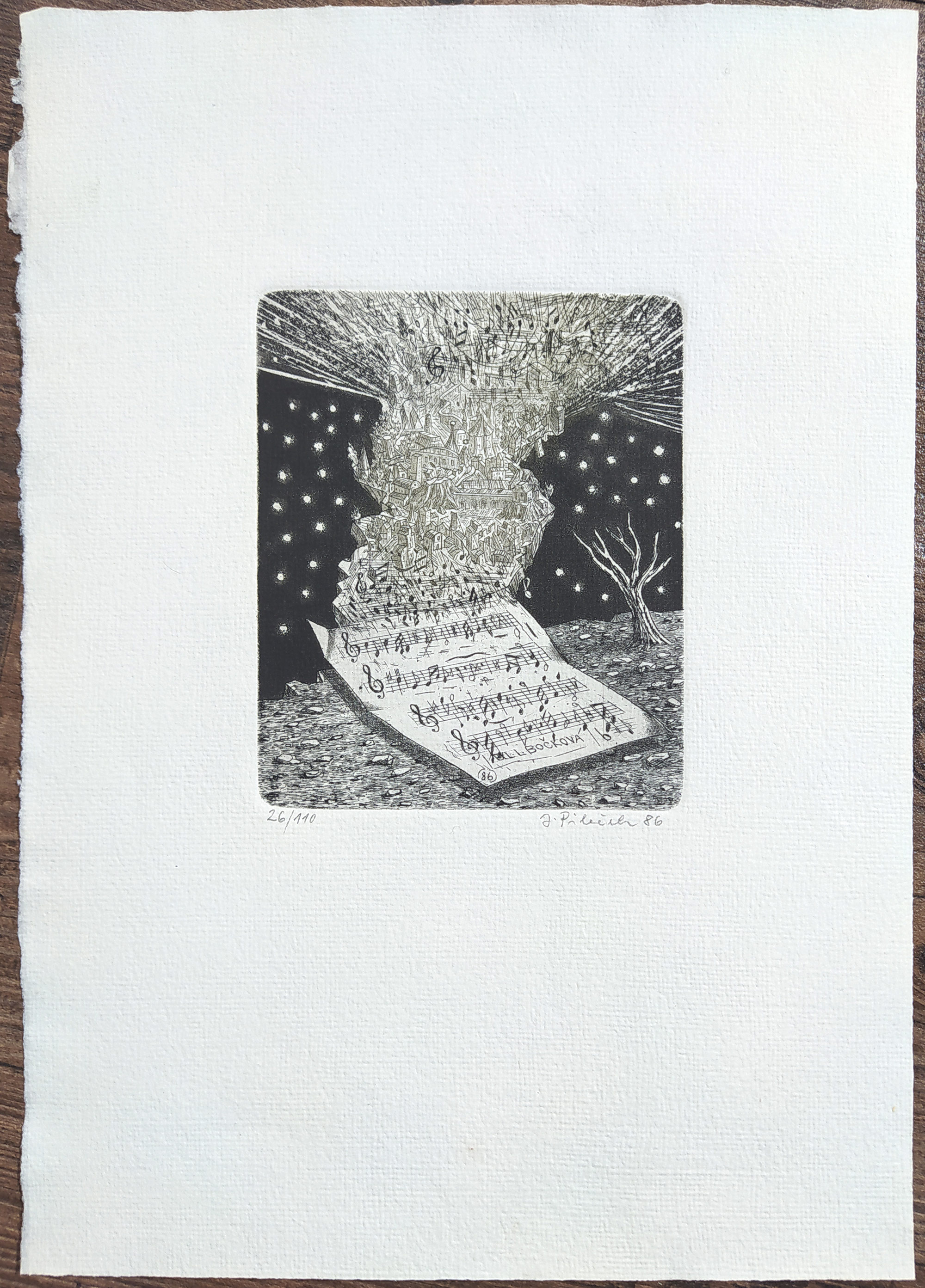 Pileček Jindřich – Hudba, Ex libris L. Bočková, původní lept, č. 26/110, 1986