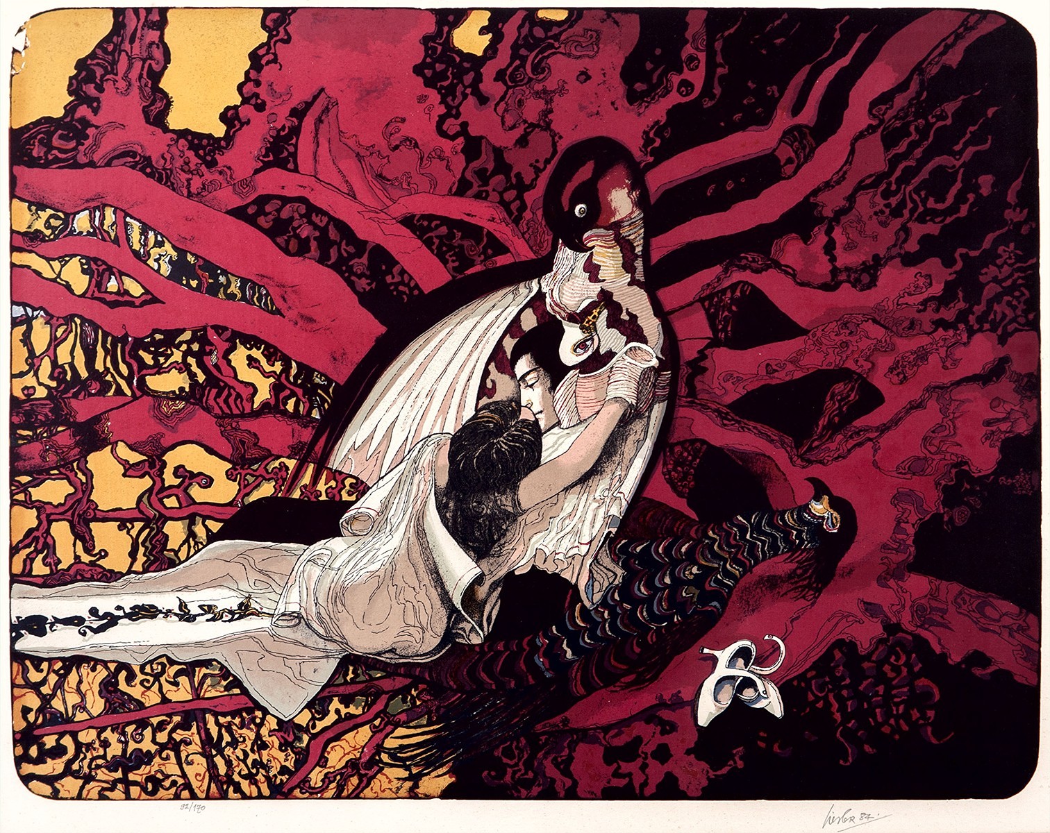 Liesler Josef – Milenci, rozměrná barevná litografie, 1984