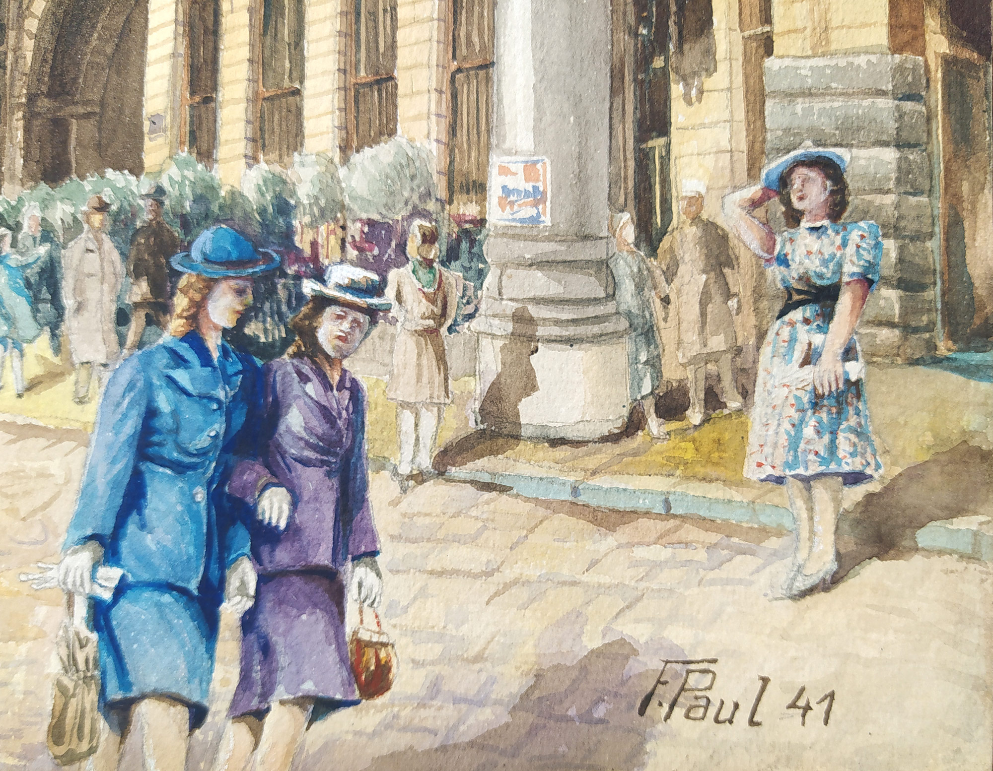 Paul F. – Praha, Na Příkopě s Prašnou bránou, malba, akvarel, kvaš, 1929