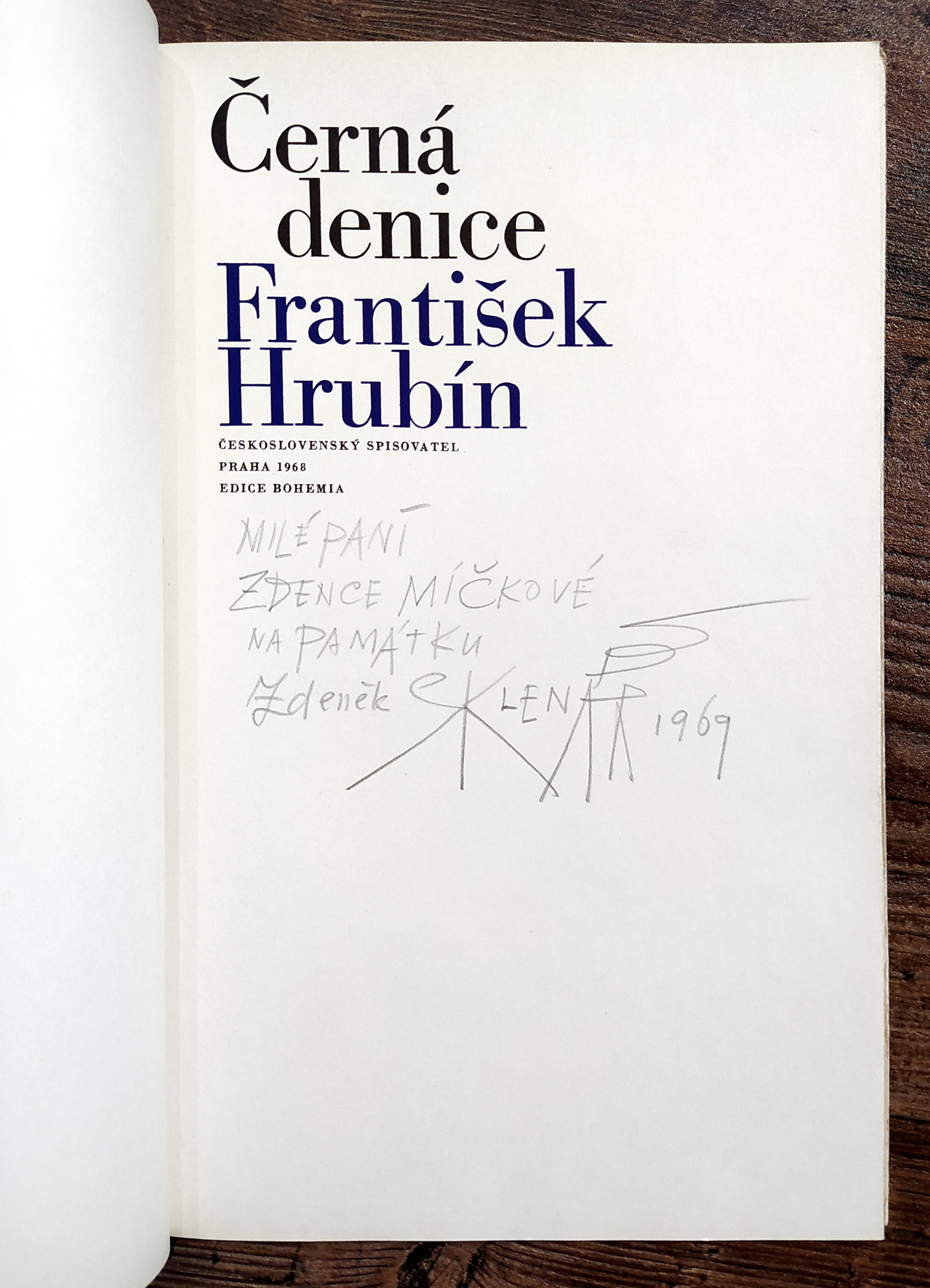 Hrubín František, Sklenář Zdeněk – Černá denice, 1. vydání, dedikace Zd. Sklenáře, bibliofilie, 1968