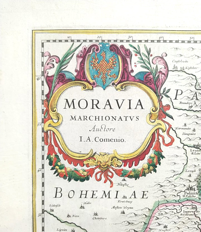 Morava – Komenského stará mapa Moravy, Willem Janszoon Blaeu, staře kolorovaný původní mědiryt, 1630