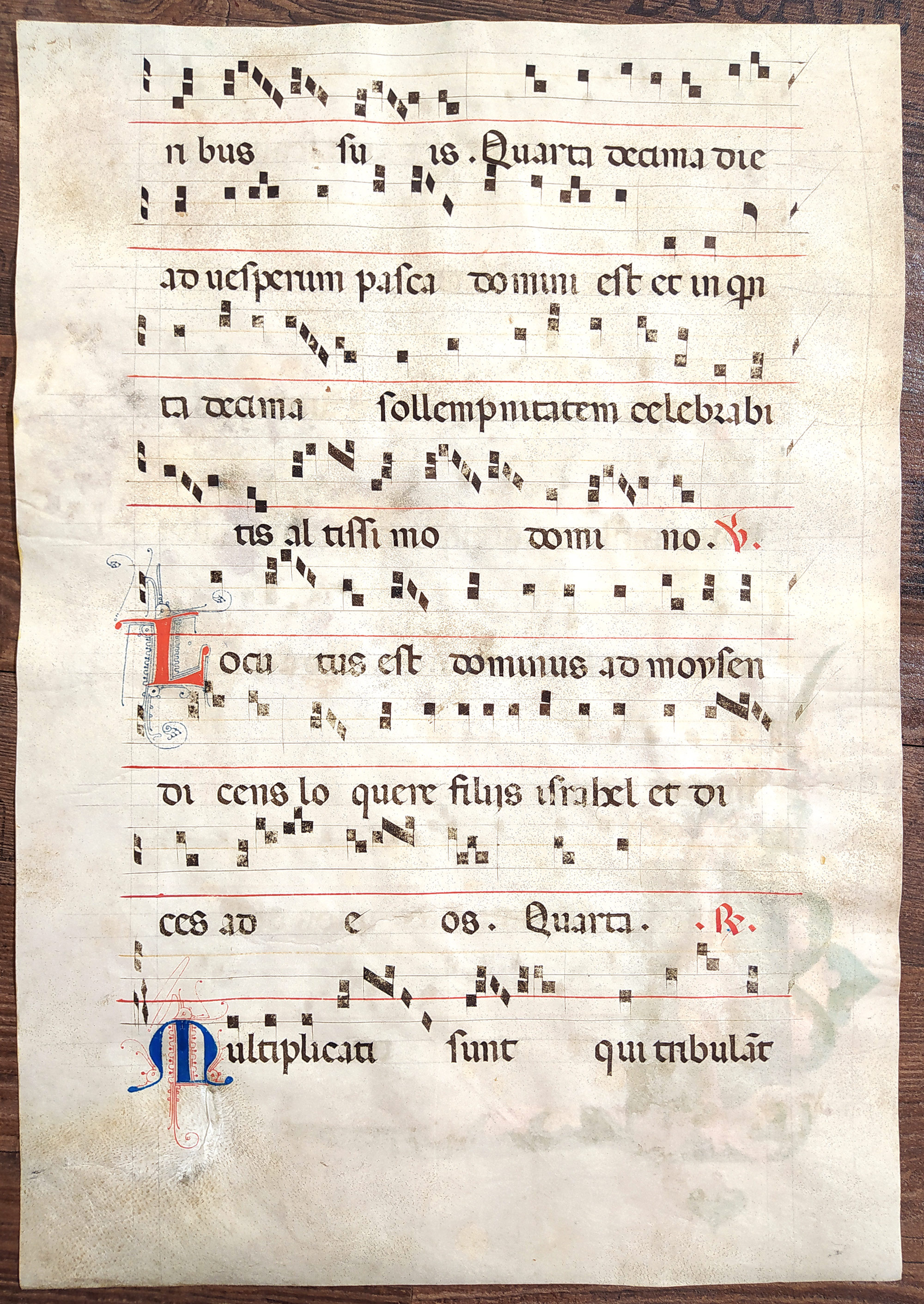 Antifonář – Notový záznam z liturgické knihy, oboustranná malba na pergamenu, po 1300