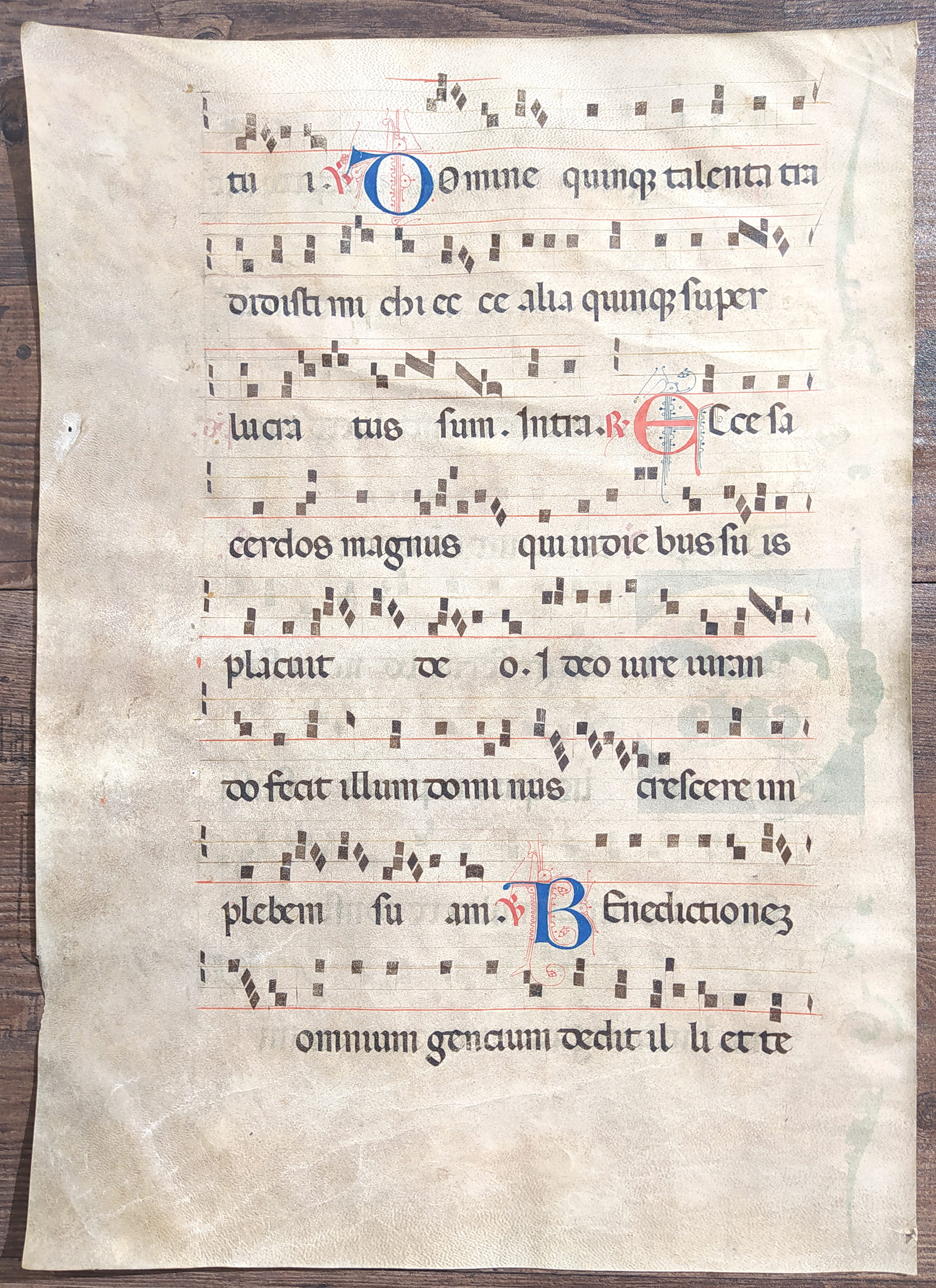 Antifonář – Notový záznam z liturgické knihy, oboustranná malba na pergamenu, po 1300