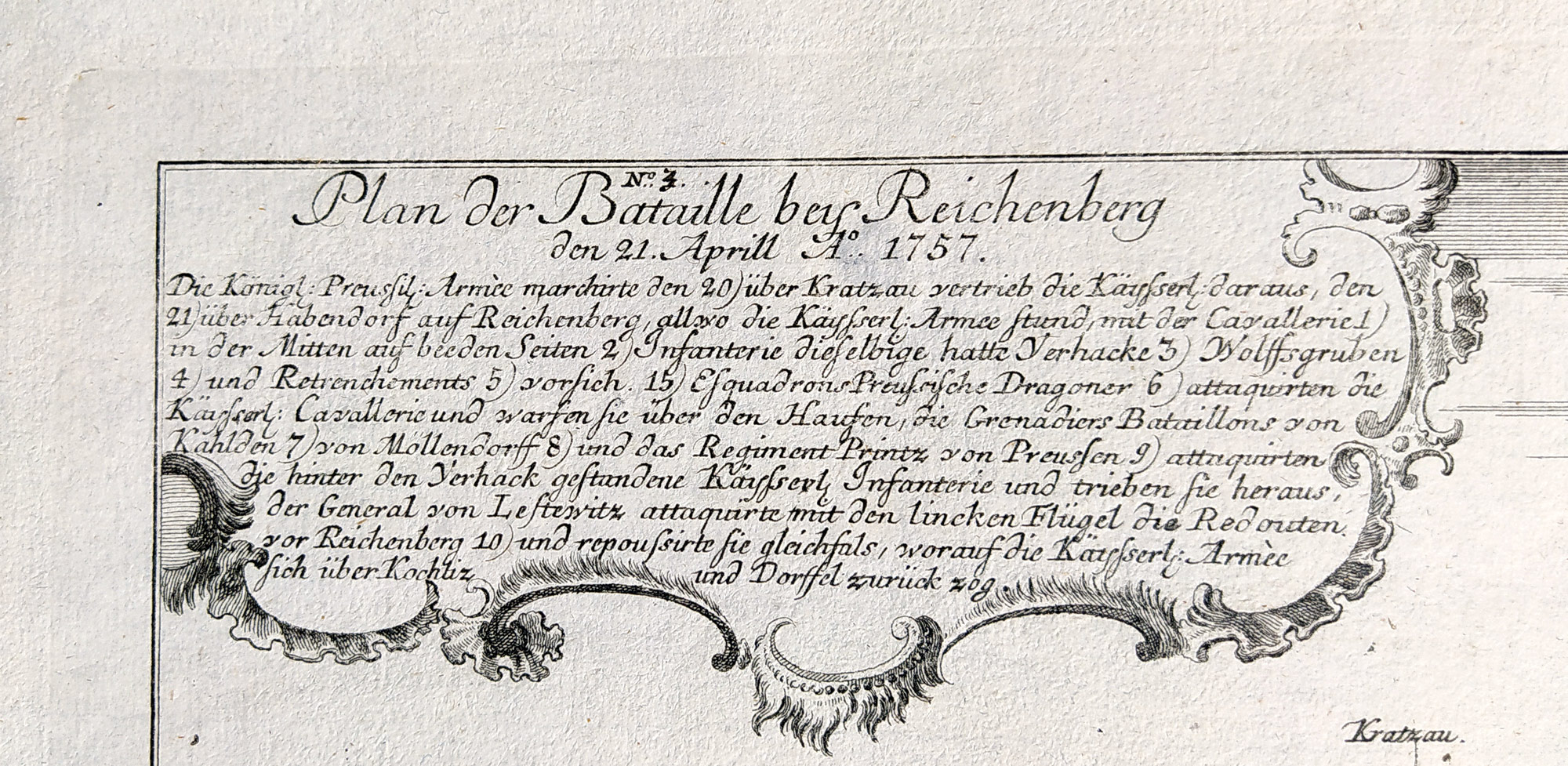 Liberec – Plán bitvy u Reichenbergu 21. dubna 1757, Sedmiletá válka, staře kolorovaný mědiryt, ca 1760