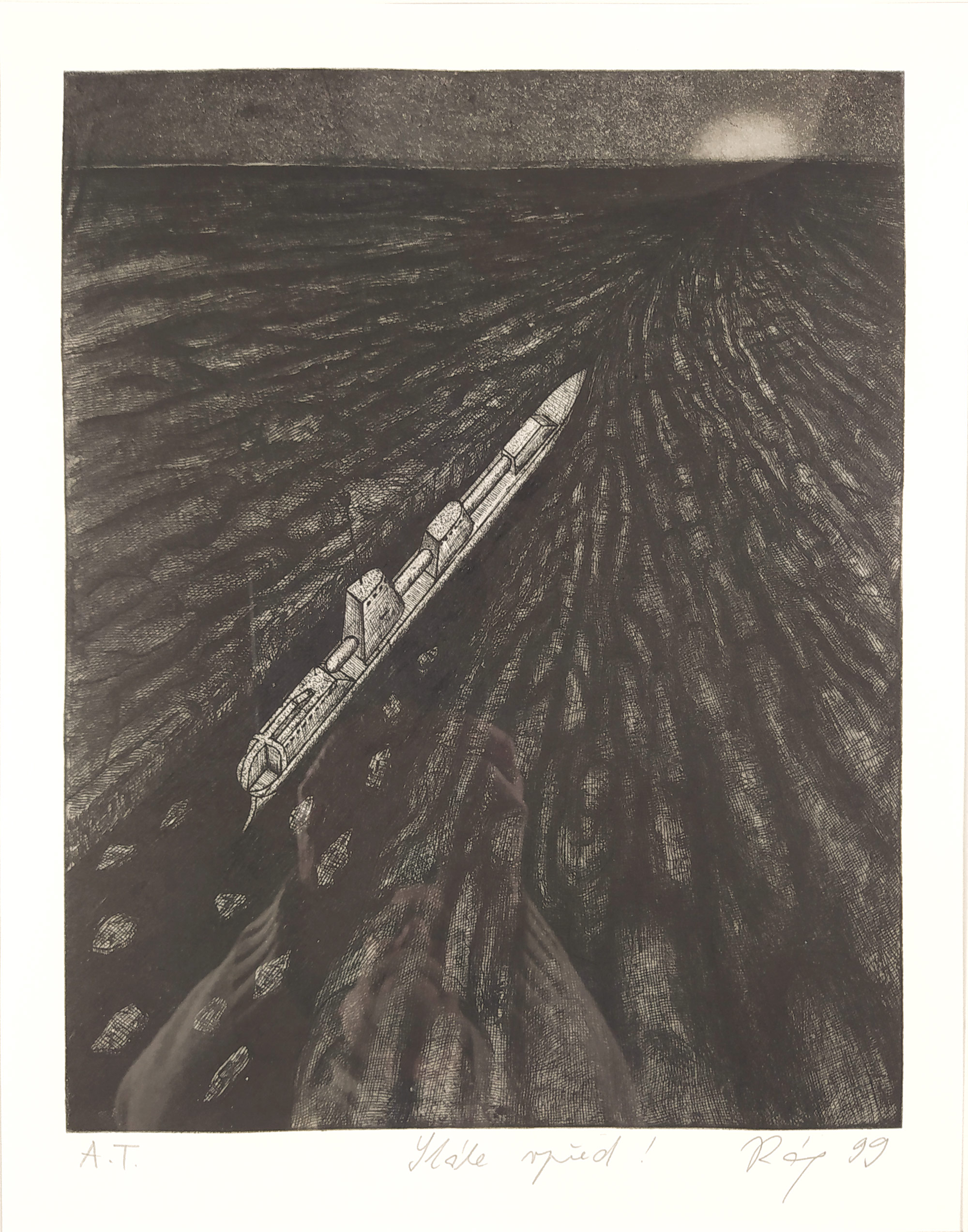 Róna Jaroslav – Stále vpřed!, rozměrný původní lept, autorský tisk, 1999