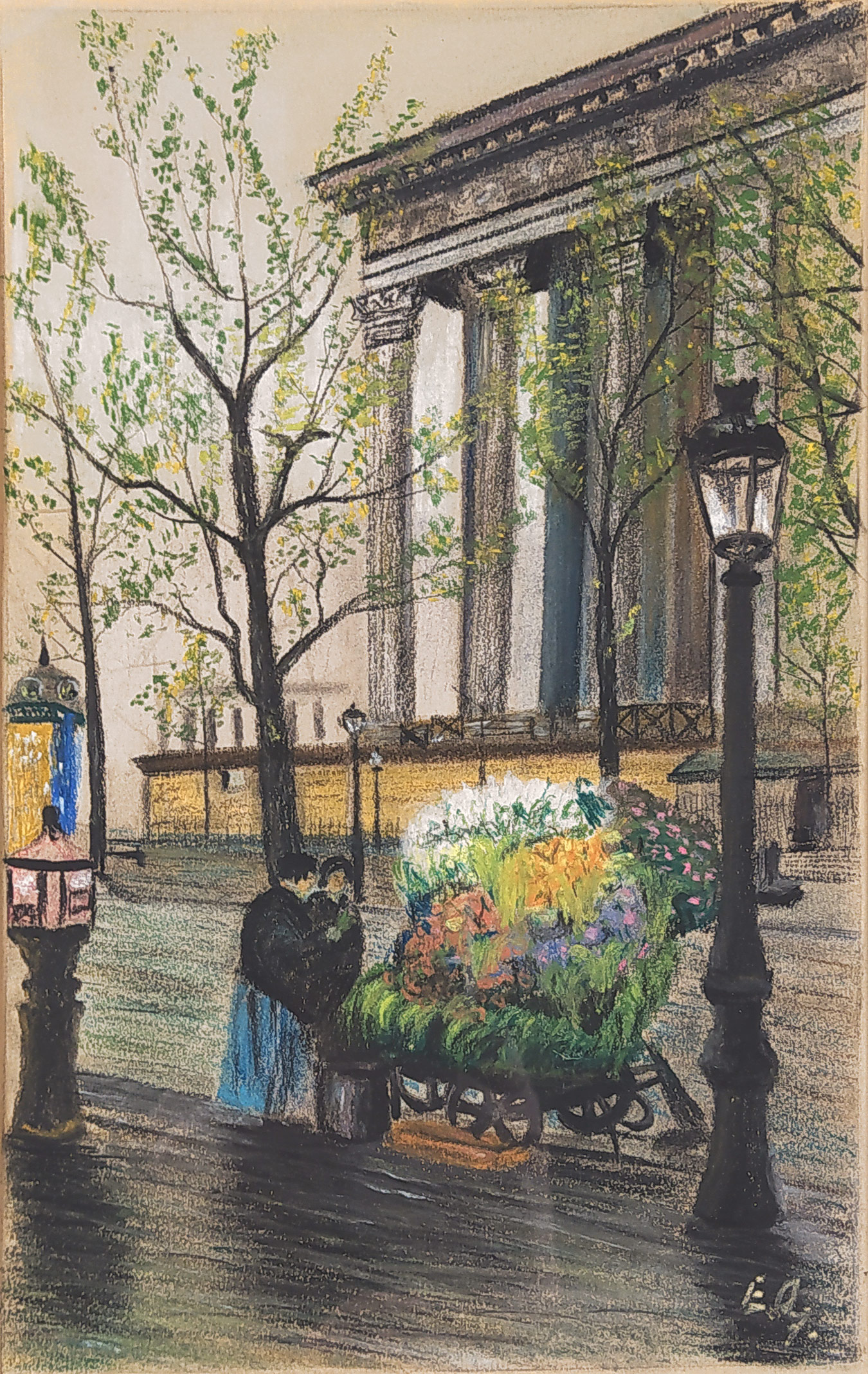 Paříž – Květinový trh na náměstí Place de la Madeleine, suchý pastel, nedatováno