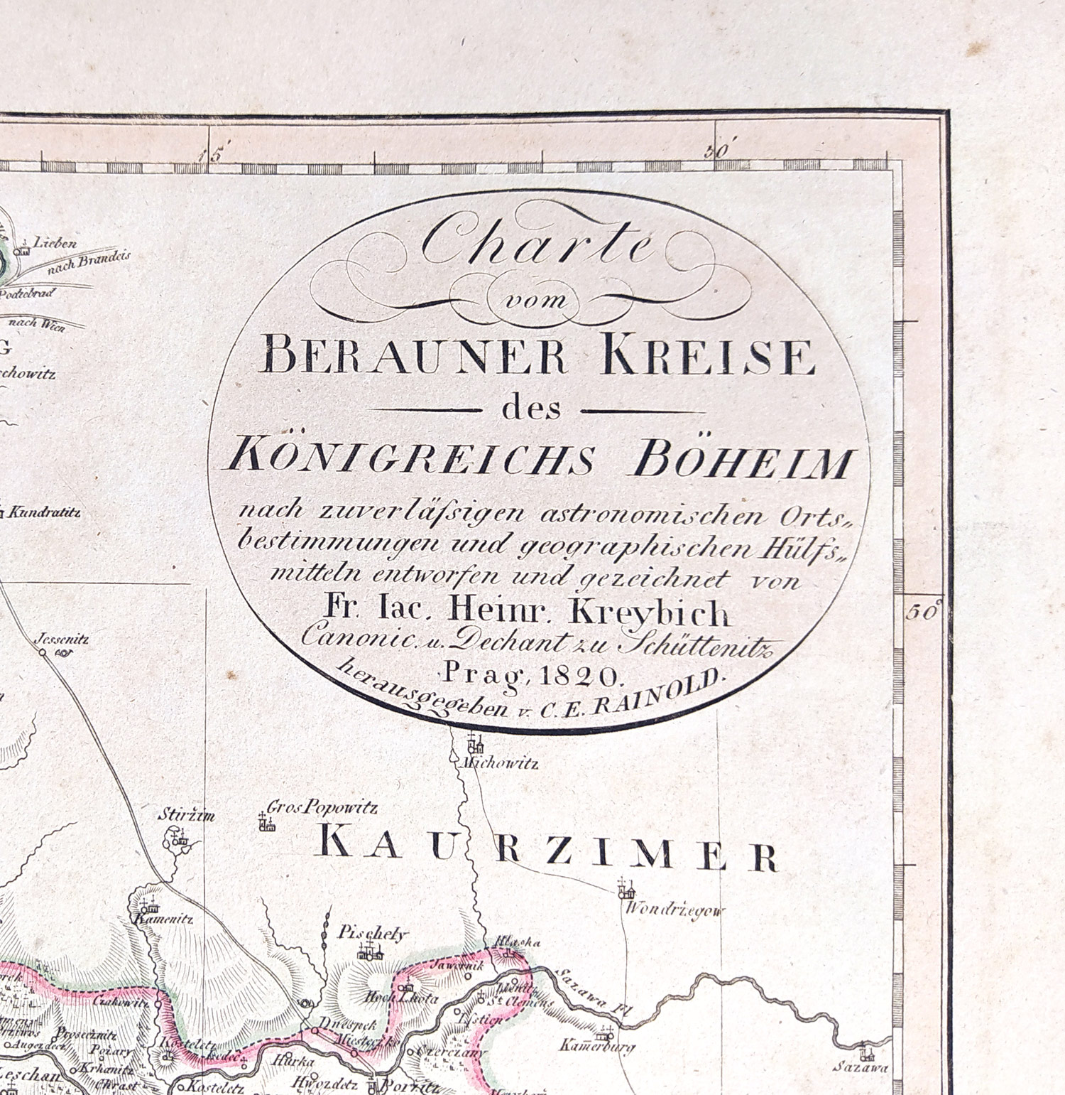 Berounský kraj – František Jakub Jindřich Kreibich, staře kolorovaný původní mědiryt, 1820