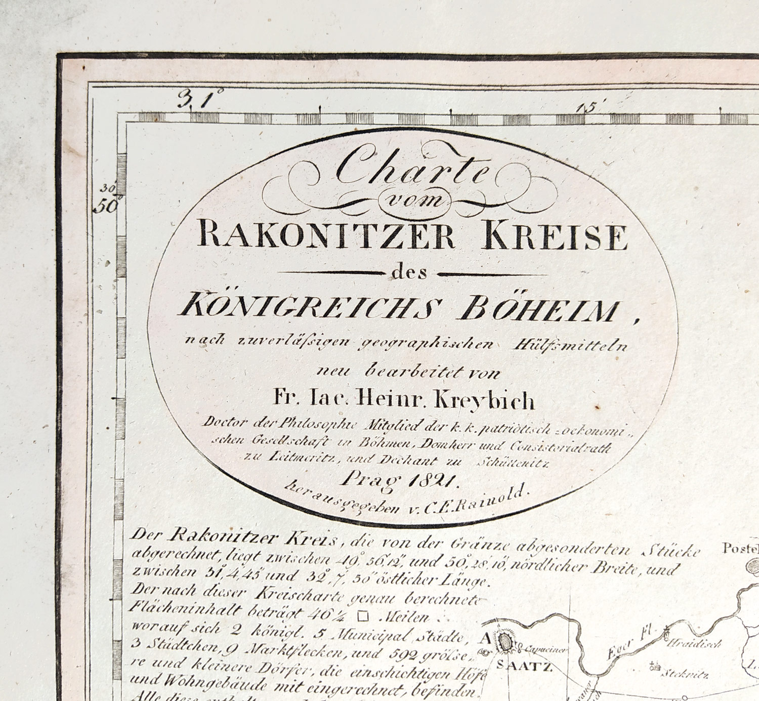 Rakovnický kraj – František Jakub Jindřich Kreibich, staře kolorovaný původní mědiryt, 1821