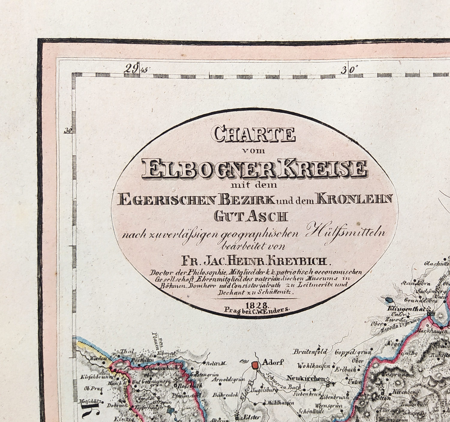 Loketský kraj a korunní panství Aš – František Jakub Jindřich Kreibich, staře kolorovaný původní mědiryt, 1828