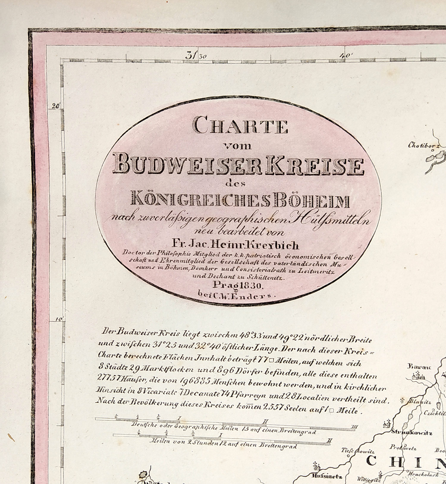 Budějovický kraj – František Jakub Jindřich Kreibich, staře kolorovaný původní mědiryt, 1830
