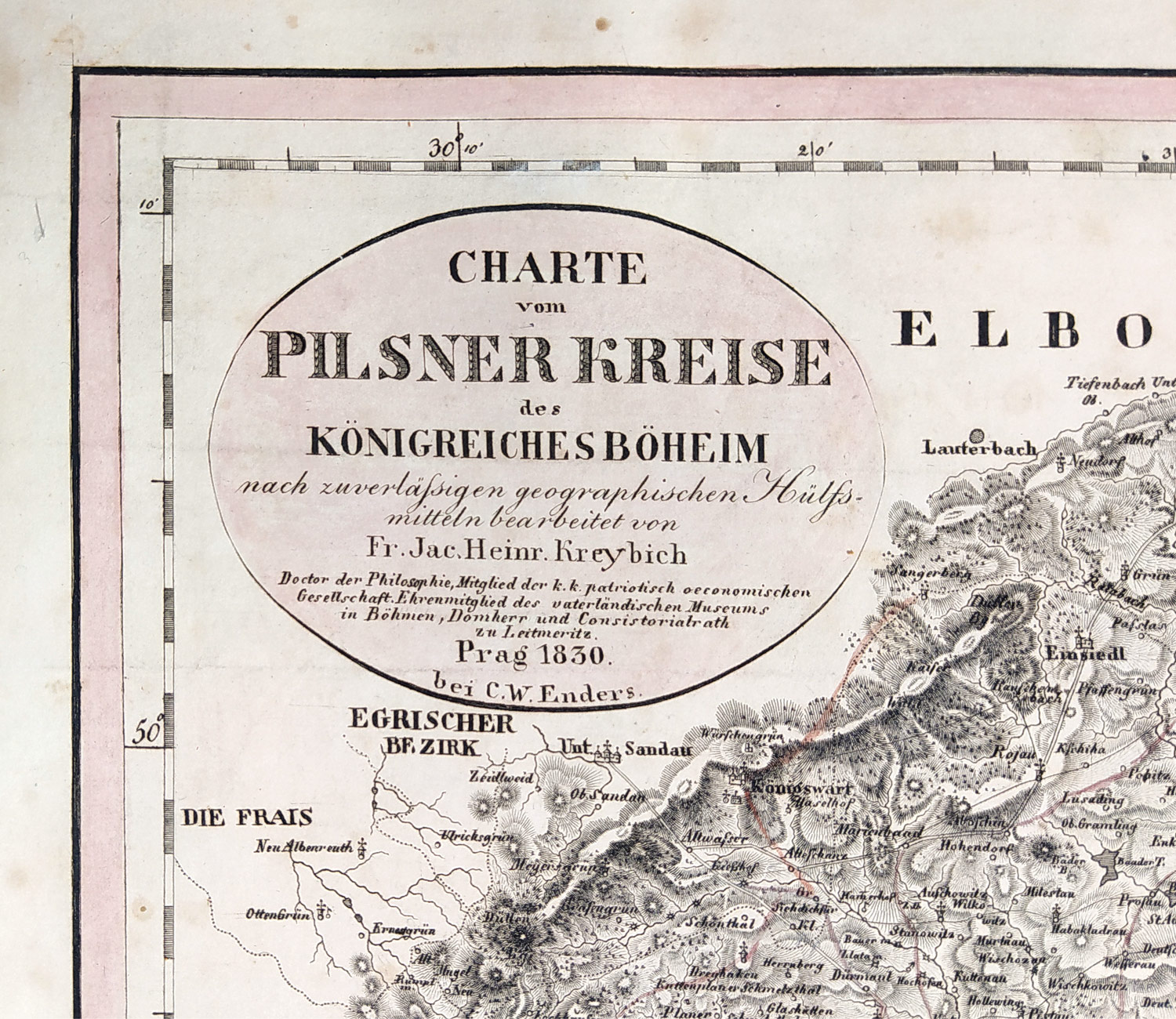 Plzeňský kraj – František Jakub Jindřich Kreibich, staře kolorovaný původní mědiryt, 1830