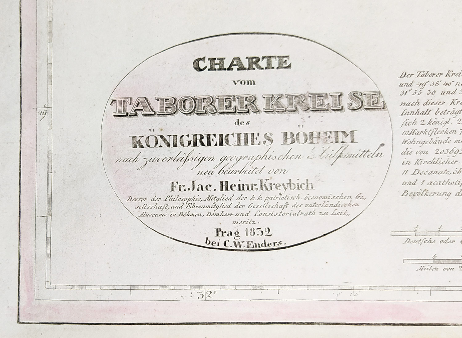 Táborský kraj – František Jakub Jindřich Kreibich, staře kolorovaný původní mědiryt, 1832