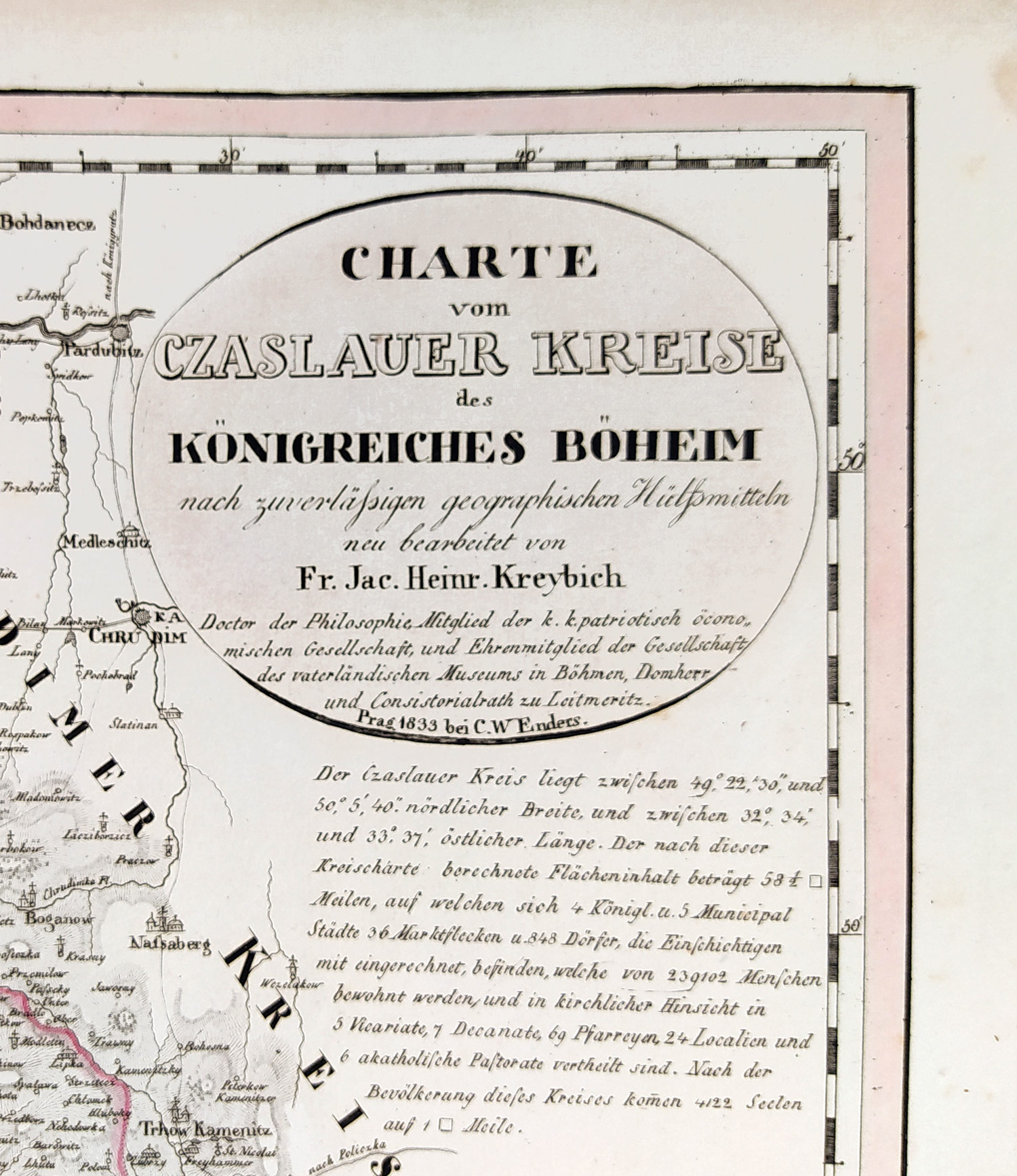 Čáslavský kraj – František Jakub Jindřich Kreibich, staře kolorovaný původní mědiryt, 1833