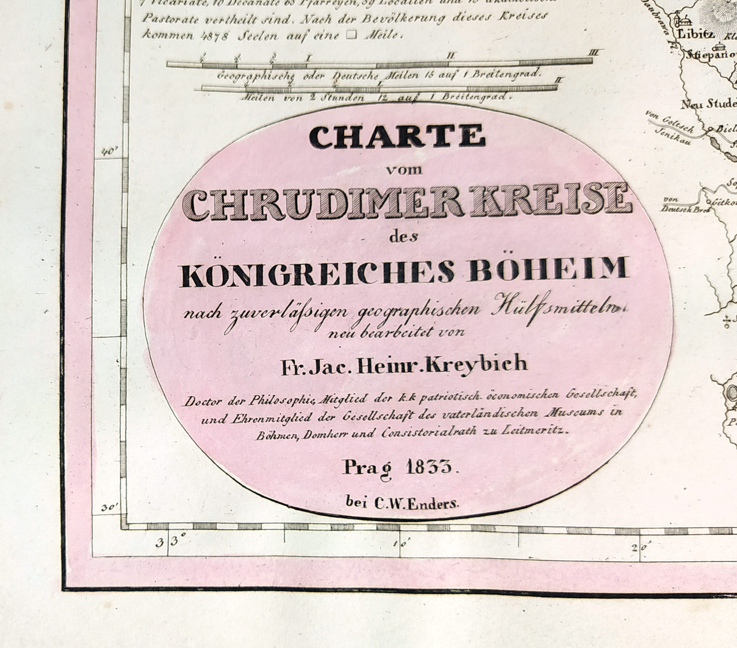 Chrudimský kraj – František Jakub Jindřich Kreibich, staře kolorovaný původní mědiryt, 1833