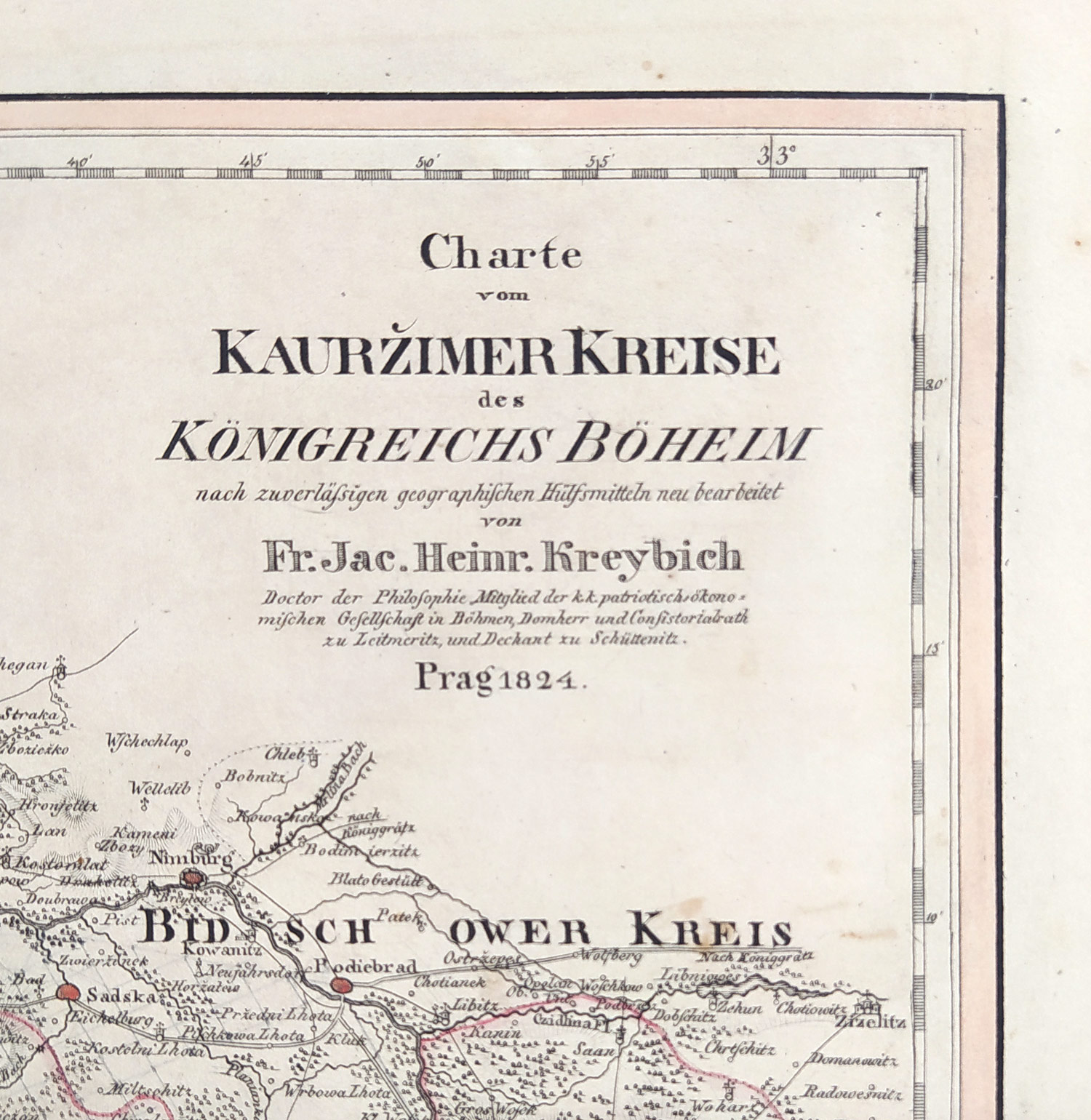 Kouřimský kraj – František Jakub Jindřich Kreibich, staře kolorovaný původní mědiryt, 1824