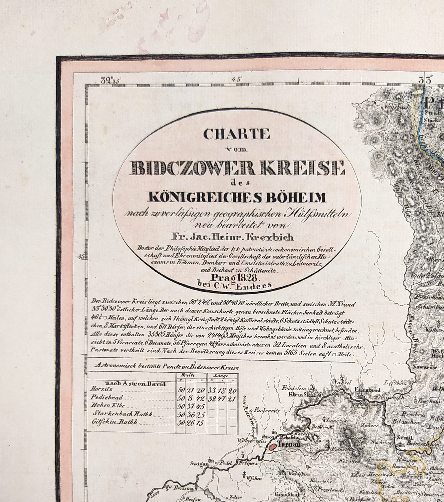 Bydžovský kraj – František Jakub Jindřich Kreibich, staře kolorovaný původní mědiryt, 1828