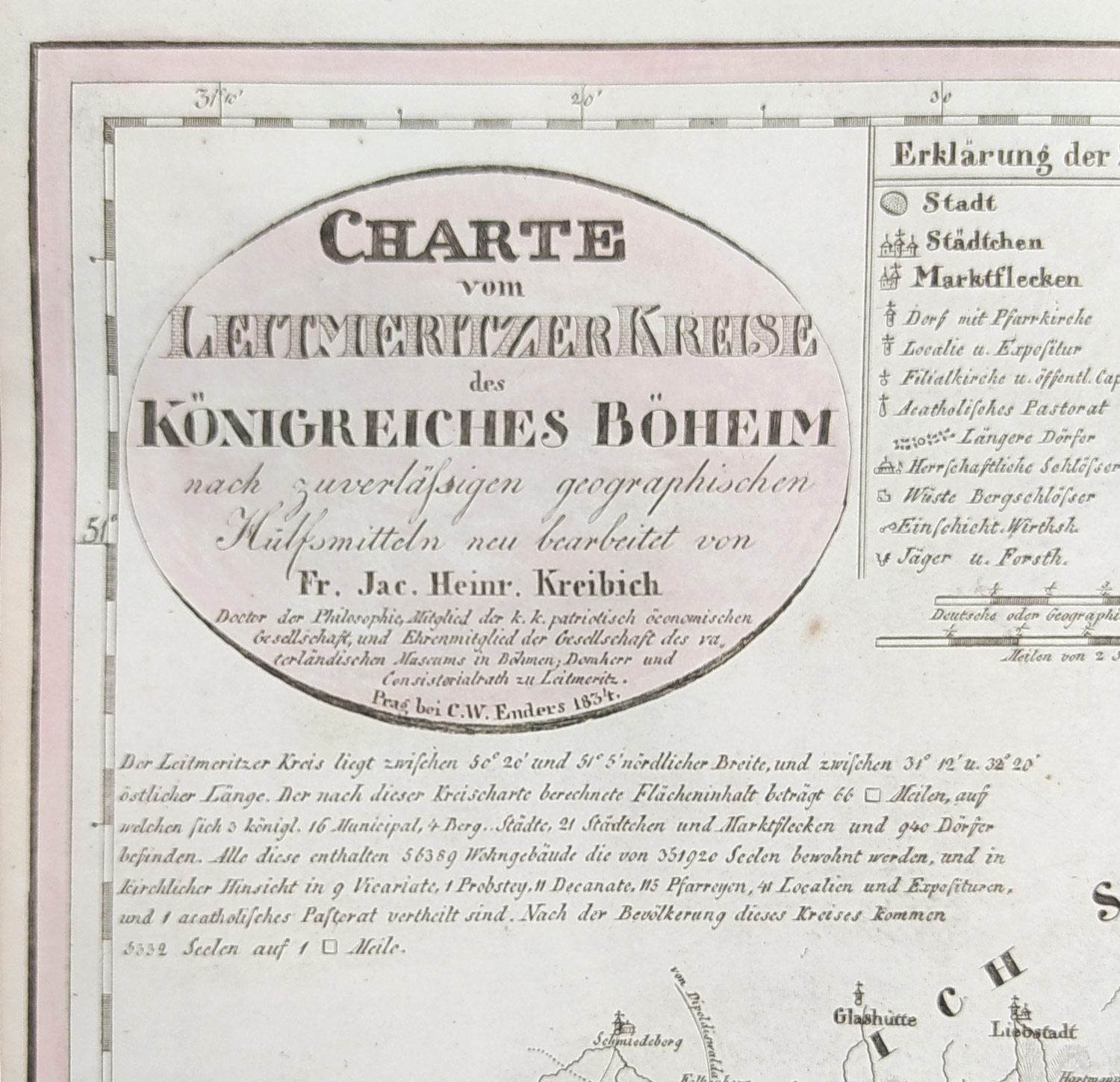 Litoměřický kraj – František Jakub Jindřich Kreibich, staře kolorovaný původní mědiryt, 1834