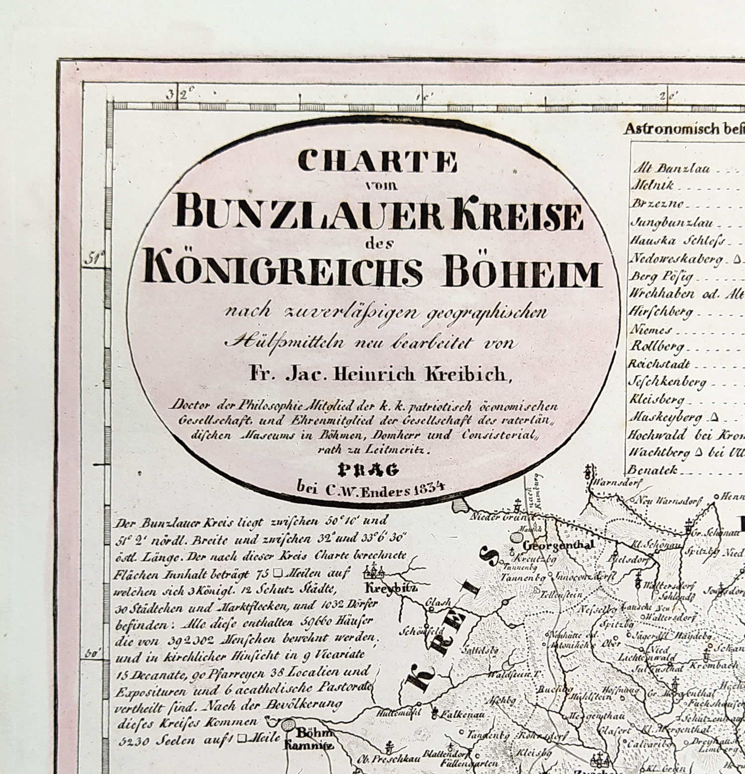 Boleslavský kraj – František Jakub Jindřich Kreibich, staře kolorovaný původní mědiryt, 1834