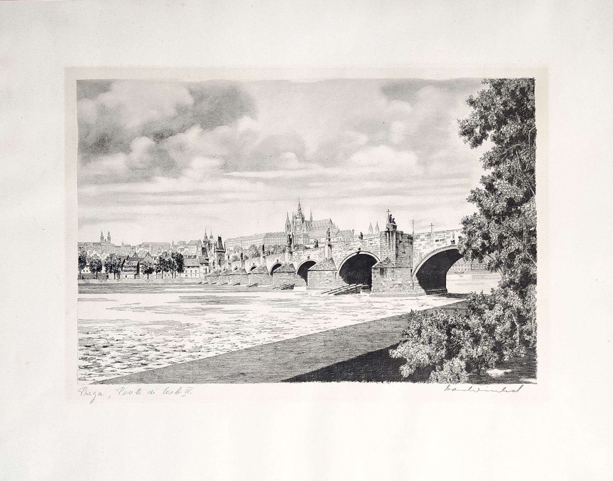 Winkel Karl – Praha, Karlův most a Pražský hrad, autorská heliogravura, 1947