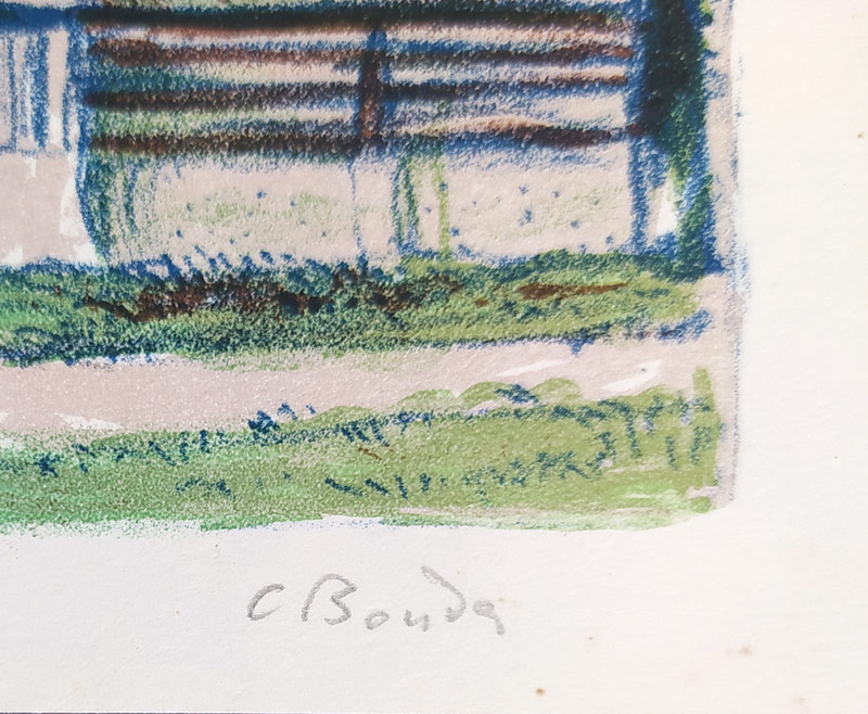 Bouda Cyril – Kostel svatého Mikuláše ve Velinech u Holic, barevná litografie, ca 1950
