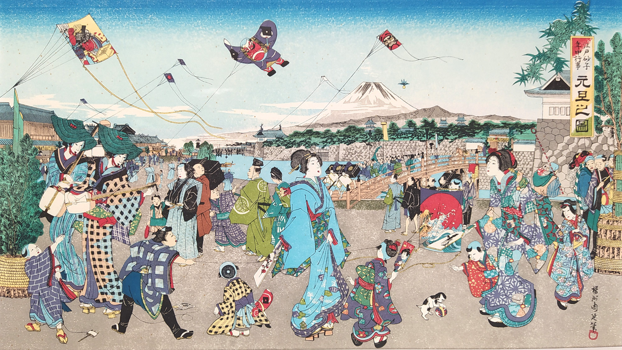 Chikanobu Toyohara – Novoroční oslavy v Edu (dnešní Tokio), barevný dřevoryt na papíře, kolem roku 1855–1897