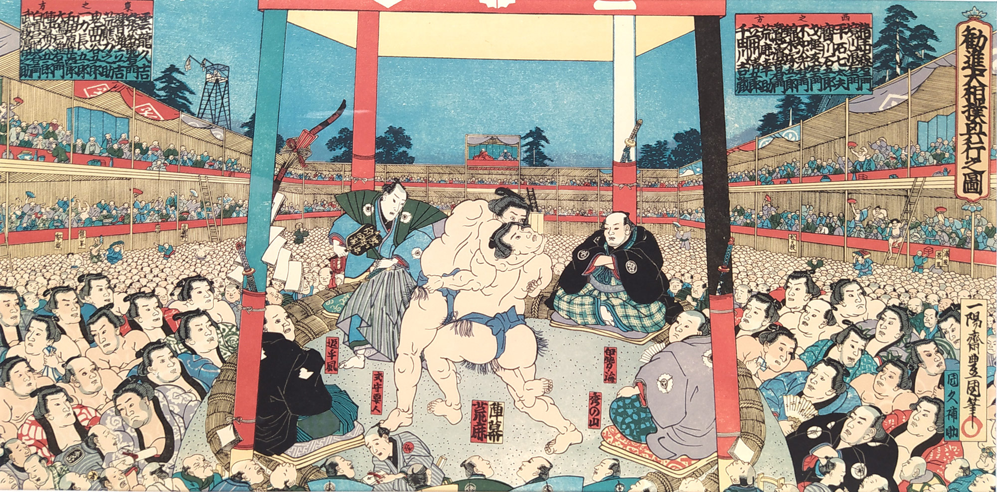 Kunisada II. Utagawa – Představení sumó pro charitu, barevný dřevoryt na papíře, ca 1870