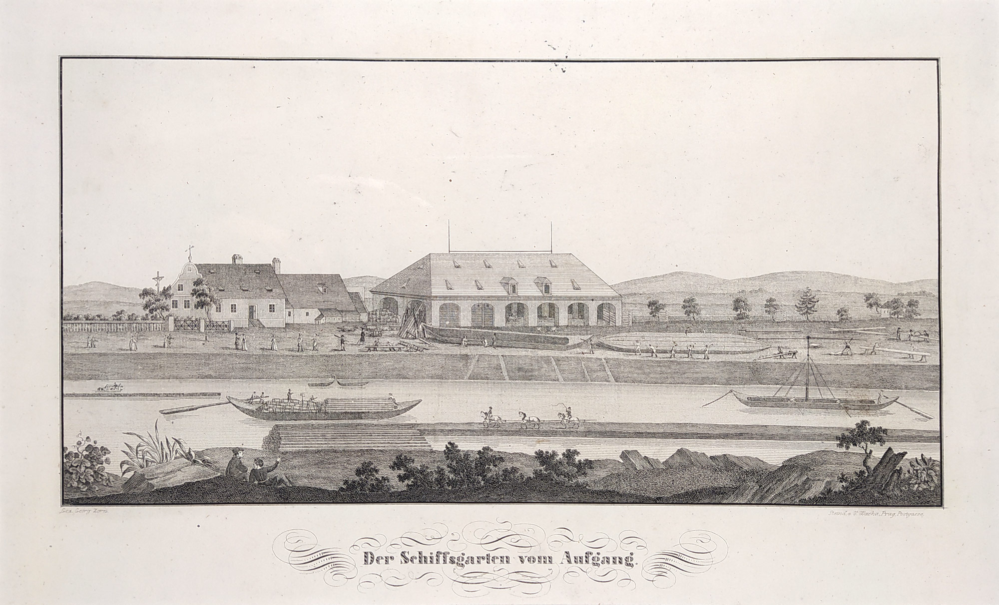 České Budějovice – Lannova loděnice, pohled od východu, Jiří Zorn, V. Wacha, původní kamenorytina, ca 1850