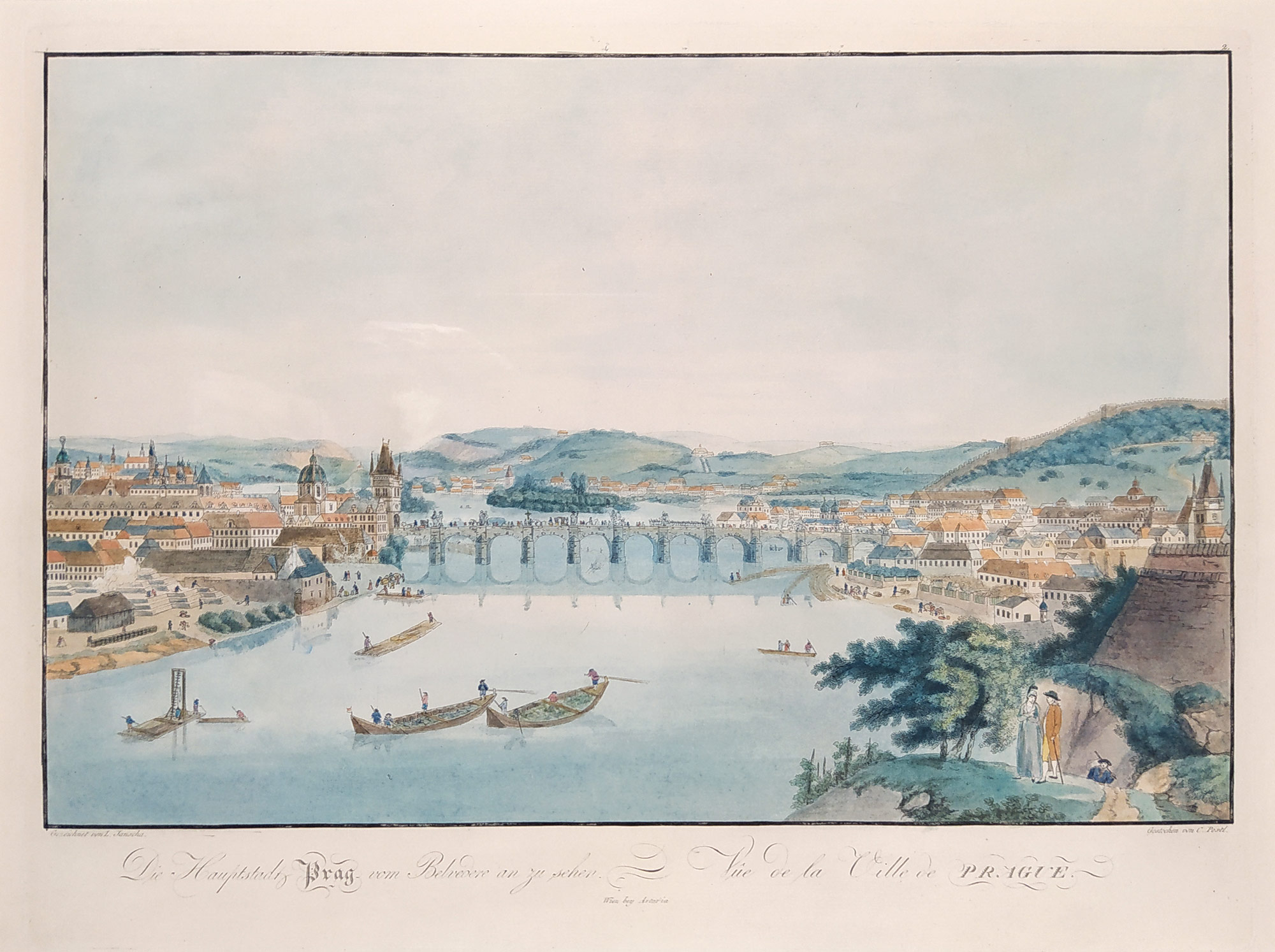 Praha – Pohled na Karlův most, Staré a Nové Město od Letohrádku královny Anny, staře kolorovaný lept, 1800