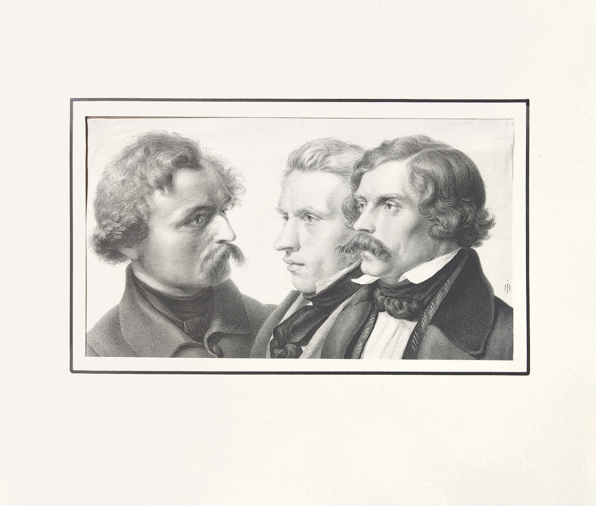 Hübner Julius – Skupinový portrét malířů K. F. Lessinga, C. F. Sohna a Th. Hildebrandta, litografie, po 1839