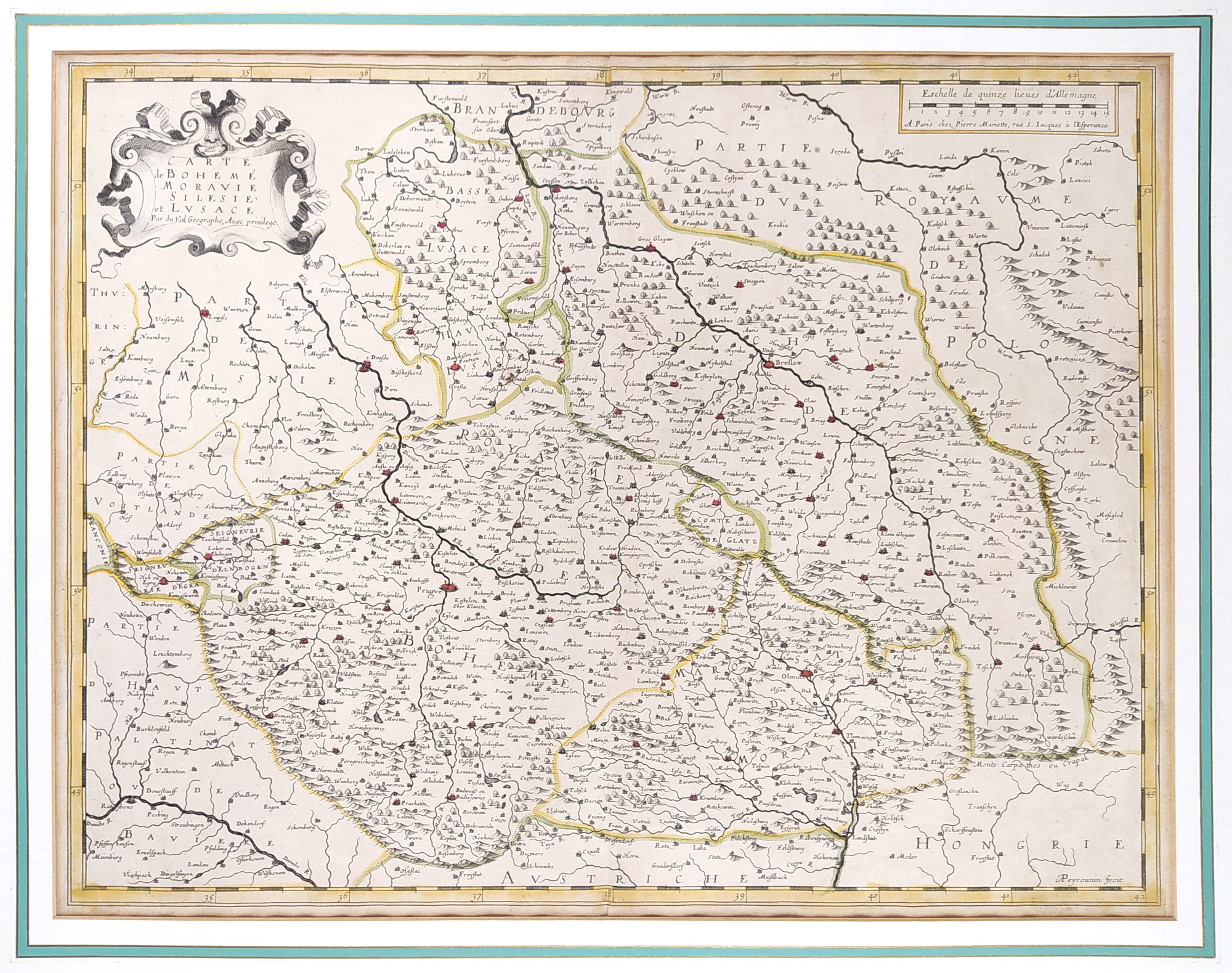 Čechy, Morava, Slezsko a Lužice – Pierre Duval, staře kolorovaný původní mědiryt, 1650