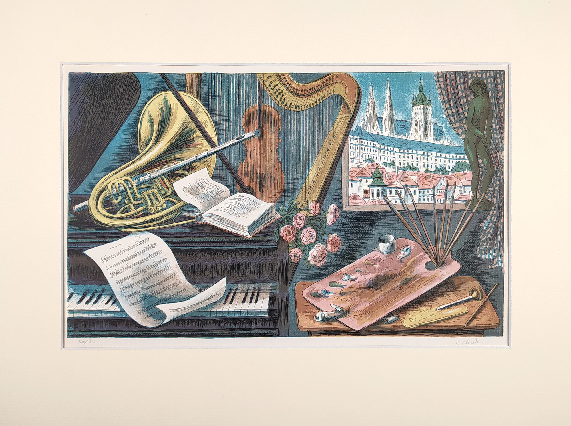 Bouda Cyril – Hudební zátiší, původní barevná litografie, 1974