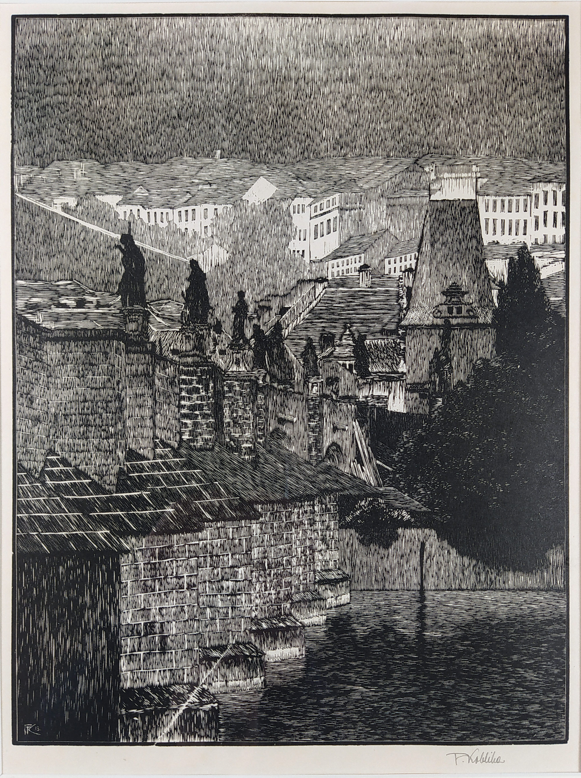 Kobliha František – Karlův most, původní dřevoryt, 1913