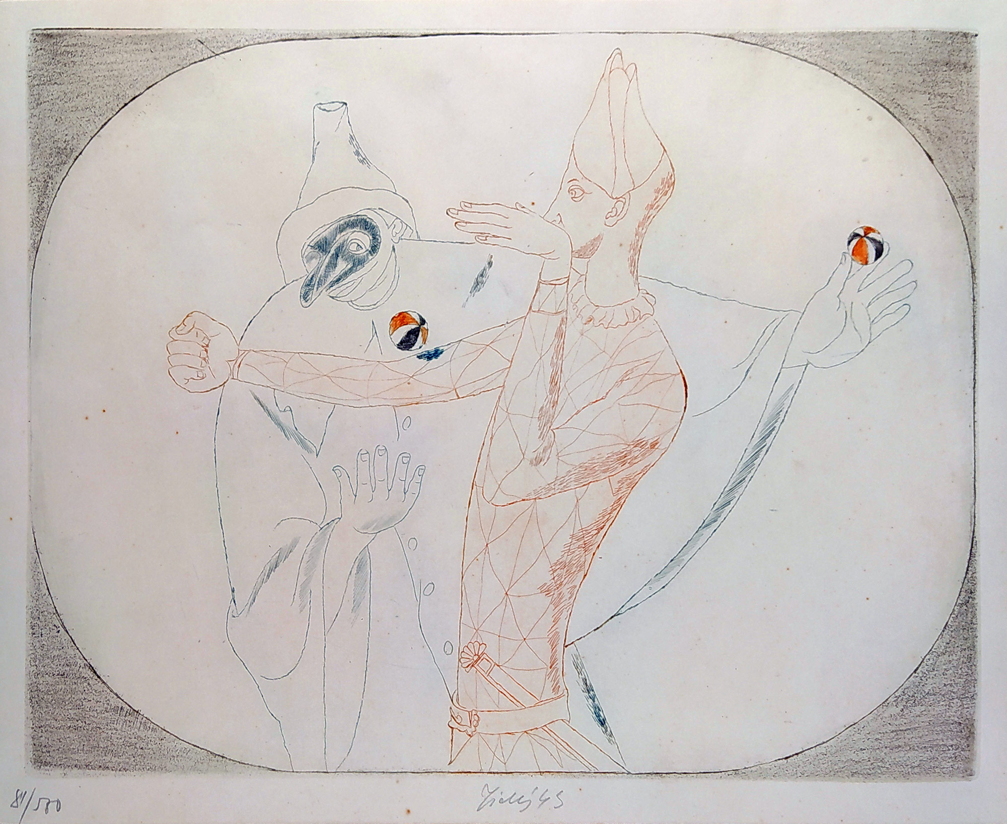 Tichý František – Commedia delľ arte I., tříbarevná suchá jehla, číslo soupisu 64, 1942