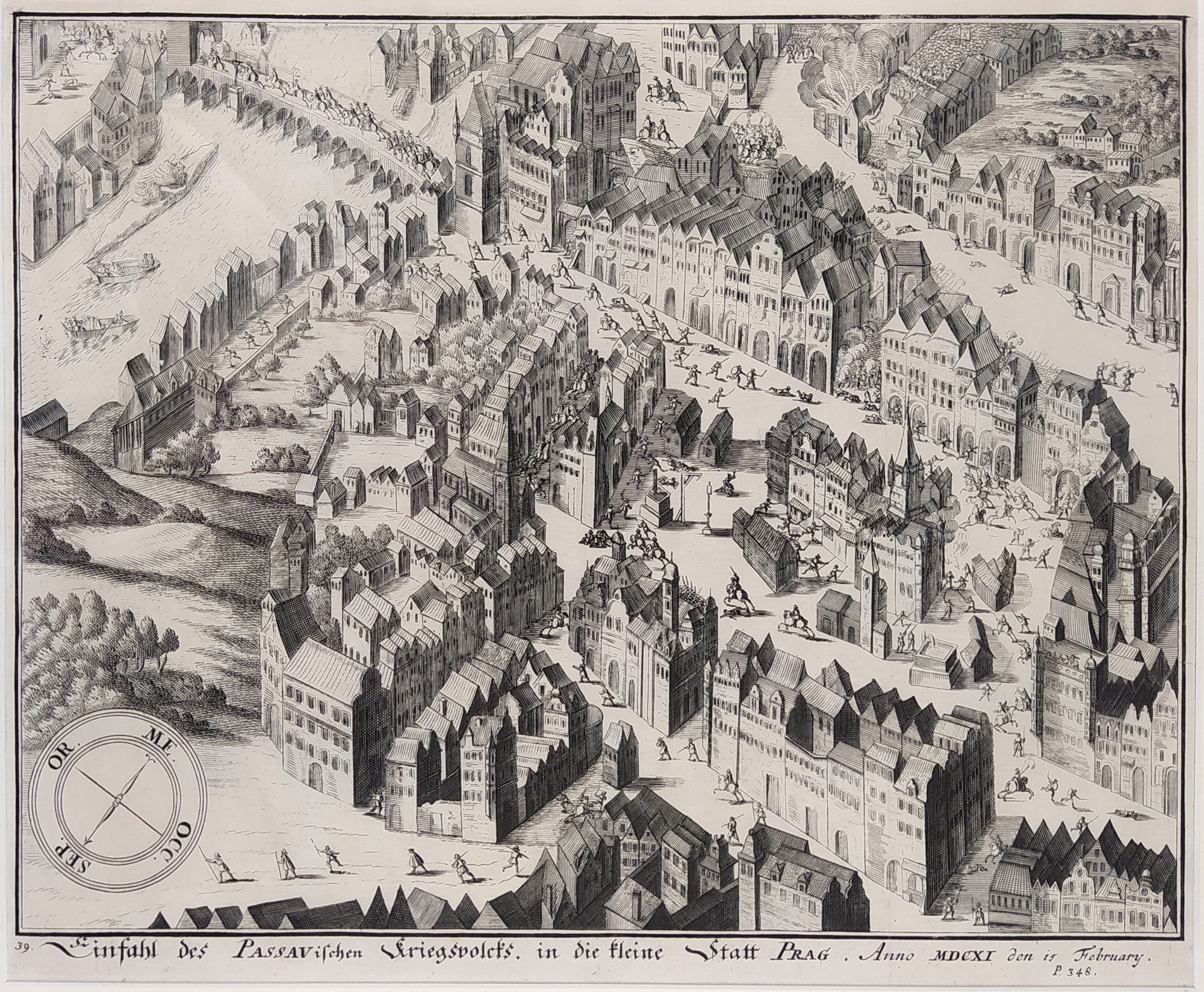 Praha – Vpád Pasovských na Malou Stranu 15. 2. 1611, původní mědiryt, 1641