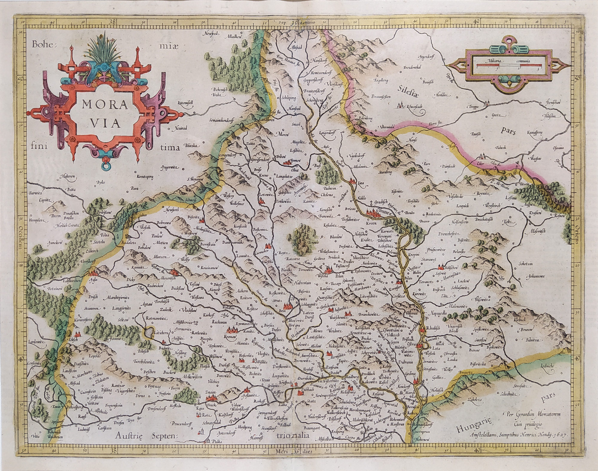 Morava – Moravia, Gerard Mercator, Henric Hondius, staře kolorovaný původní mědiryt, 1627